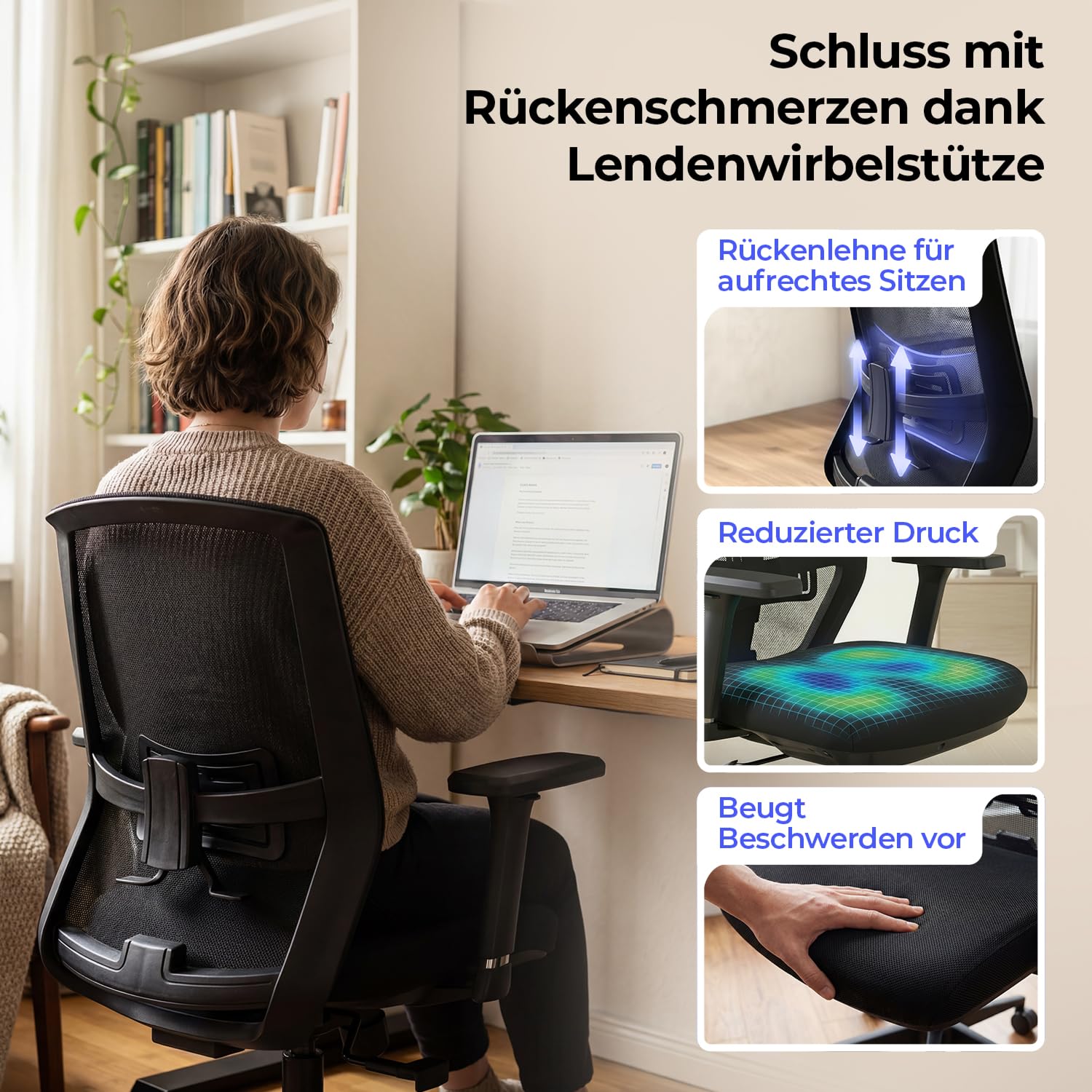 Stane Ergonomischer Bürostuhl für gesunde Sitzhaltung – Schwarz | Verfügt über leichtgängige Rollen und eine Feder für flexible Mobilität
