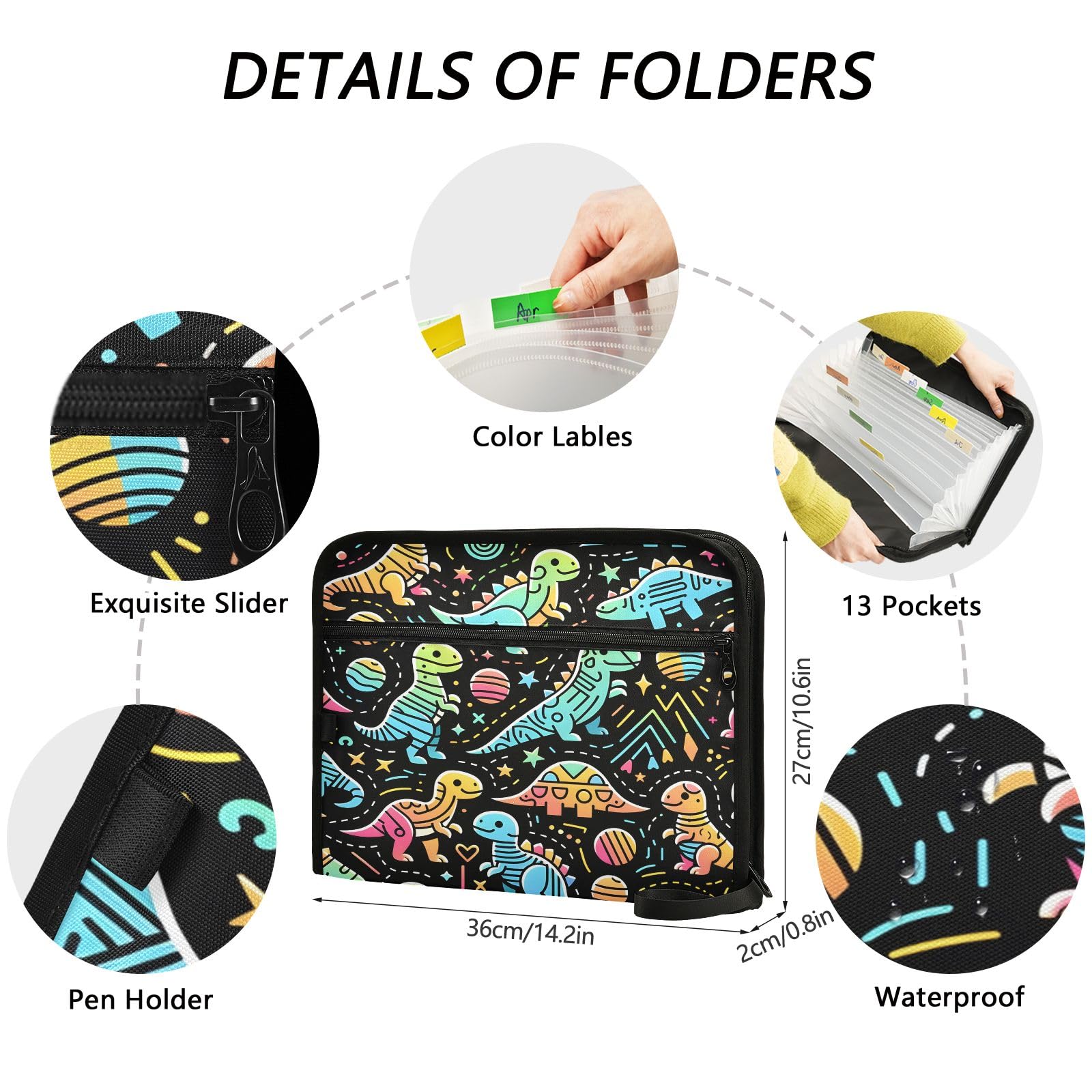 Cute Dinosaur Skater Expanding File Folder - 13 Pocket Zipper A4 Organizer With Labels