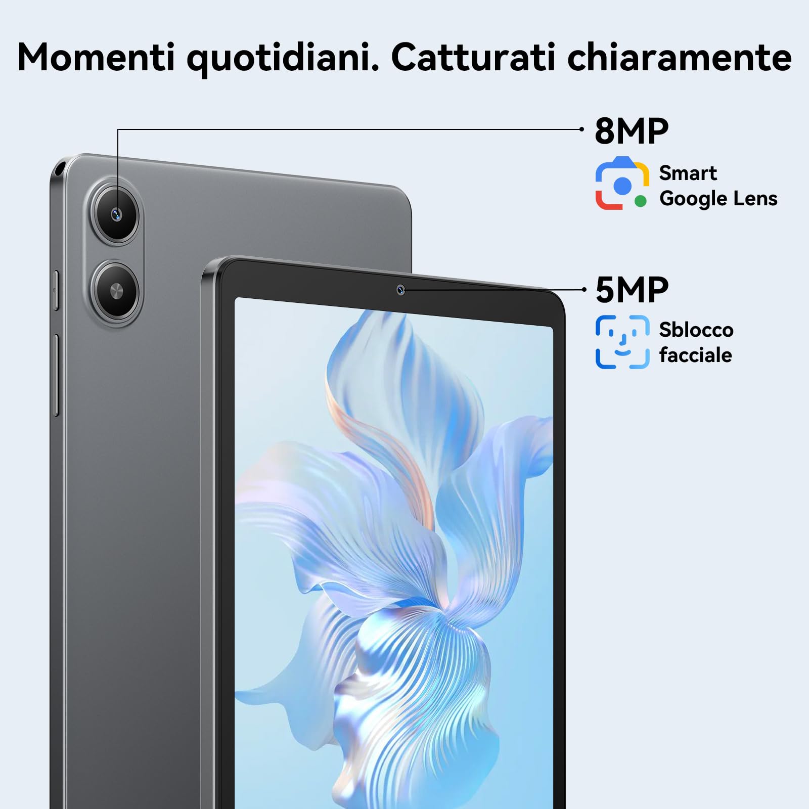 Blackview Link2 8 Pollici Tablet Android 15, 1340 * 800 Display, 12GB RAM + 128GB ROM/1TB TF, Tablet in Offerta, Gemini AI 2.0, Face ID, Widevine L1/5G WiFi/5000mAh/8MP + 5MP/GPS/OTG/OTA/Bluetooth5.0