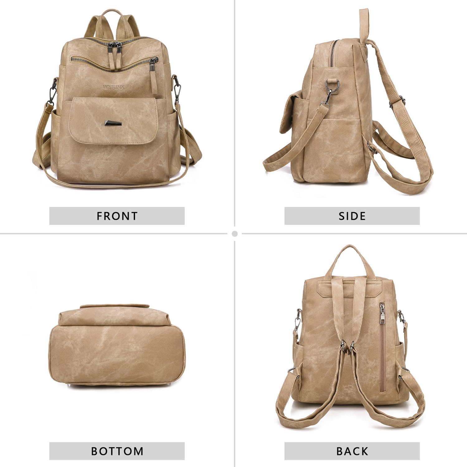 PU Leather Backpack Purse for Women Fashion Multipurpose Design Handbag Ladies Shoulder Bags Travel Backpack Khaki - Image 3