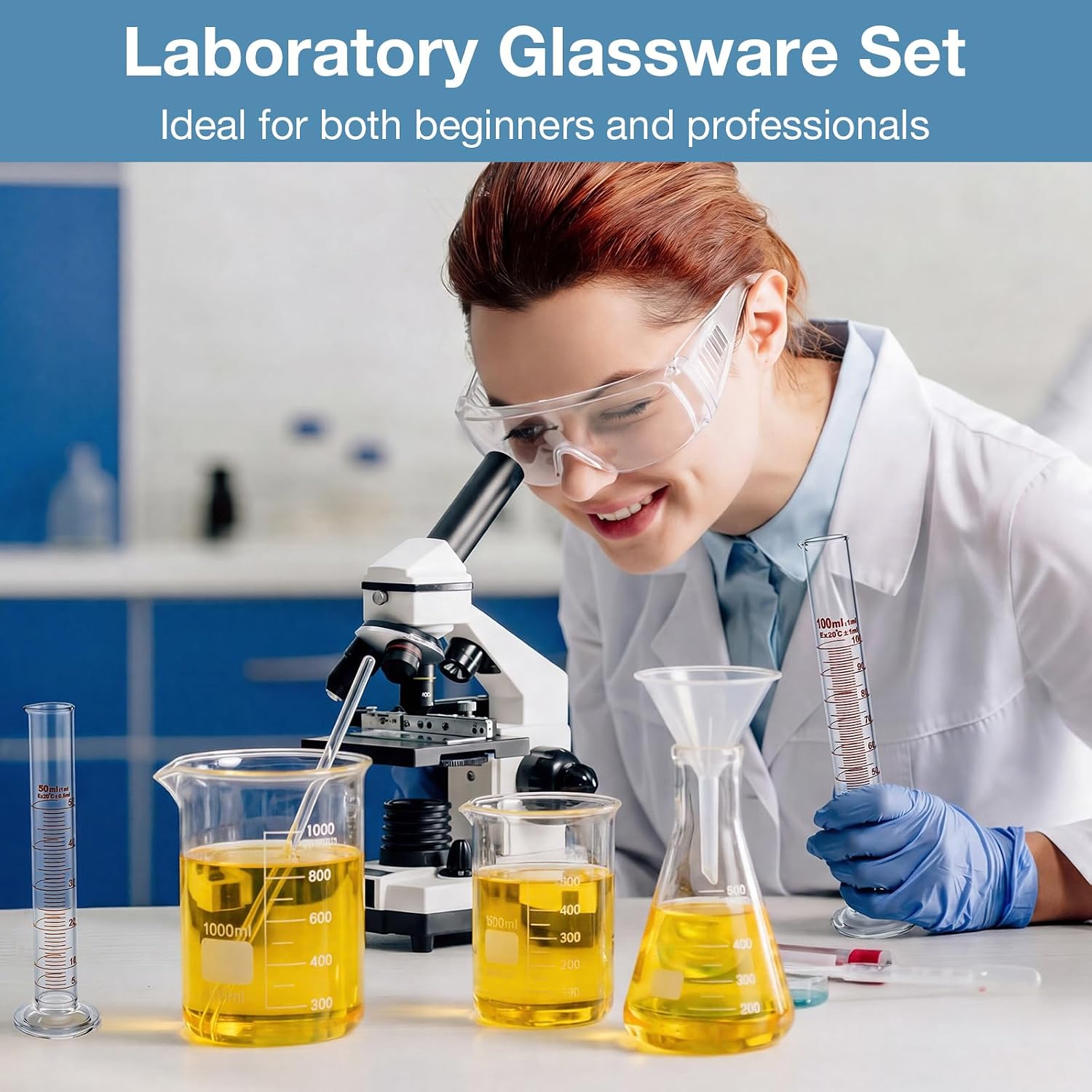 Tallew 9 Pcs Laboratory Glassware Set Includes Glass Graduated Cylinder 500ml 1000ml Erlenmeyer Flask 500ml Graduated Cylinder Set 10ml 50ml 100ml with 1 Droppers 1 Stirring Rods 1 Plastic Funnel