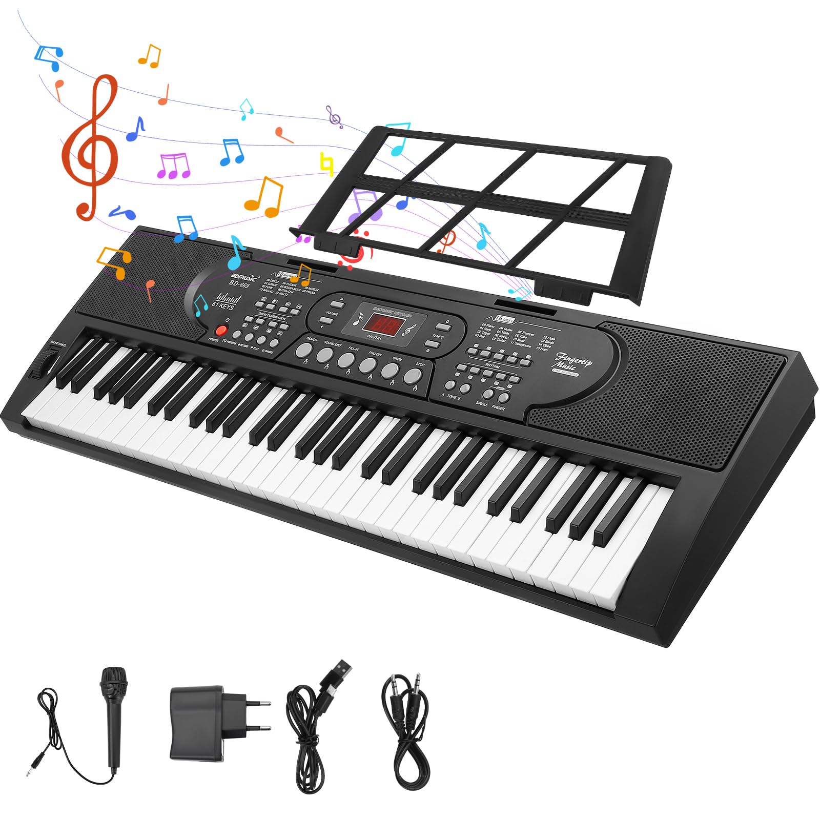 61 Teclado Piano Eléctrico para, el instrumento de piano electrónico portátil para principiantes con micrófono, pegatinas para notas Ligero y portátil, adecuado para viajes o la escuela.