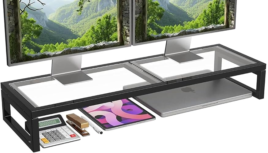Simple Trending Dual Monitor Stand Riser, Tempered Glass Computer Desk Organizer with Mouse Pad for Laptop, iMac, TV, Black - Black - 32”W x 10”D x 5.5”H