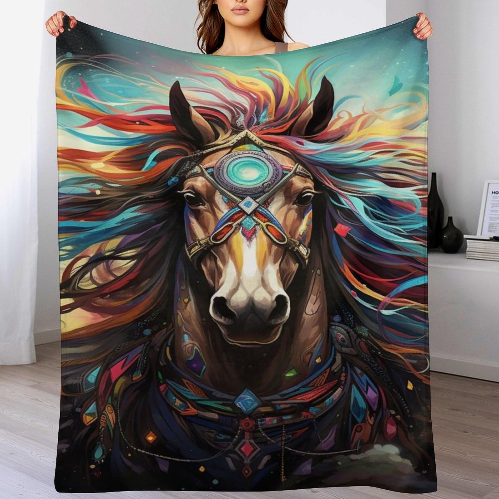 Couverture plaid cheval en micro-polaire douce et chaude 150x200cm pour lit et canapé