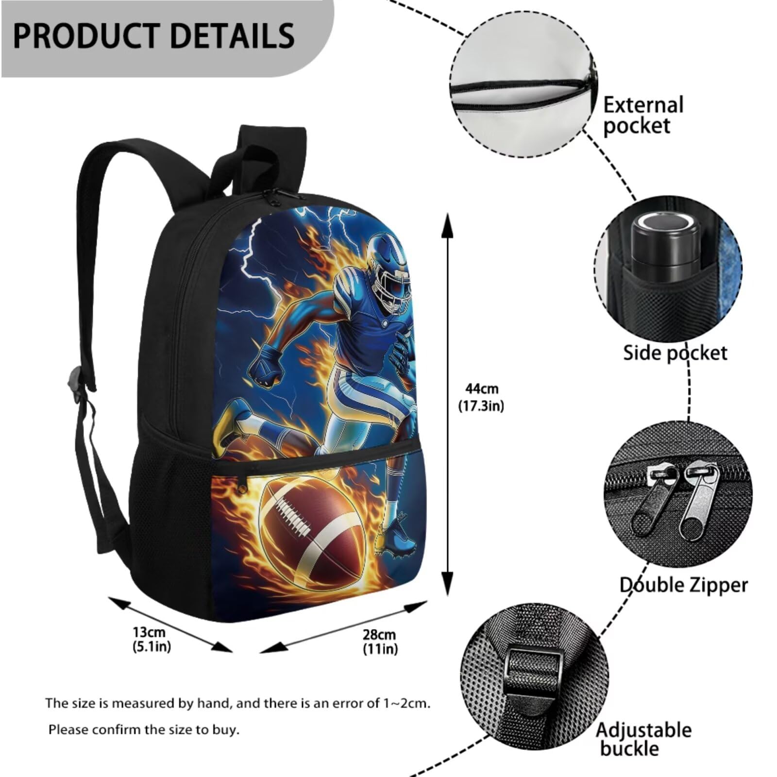 COEQINE Mochila negra para niños de 5 a 10 años con fiambrera, 4 bolsas escolares con llavero portátil, estuche para lápices, mochila para laptop, Football Player Dark Blue Lightning Flame, M