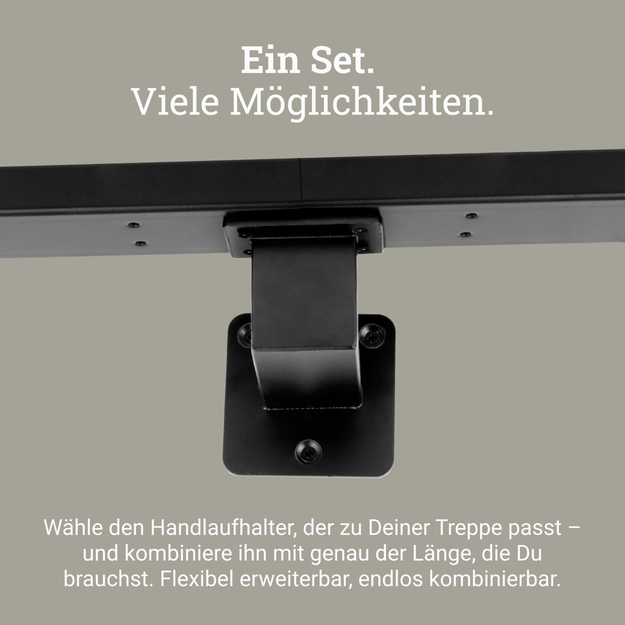 Natural Goods Berlin Handlauf Set OBLONG Metall schwarz / 2x Stück Handlaufhalter WIDE & 150cm Treppengeländer/rostfreier, pulverbeschichteter Treppenhandlauf/Handlauf Treppe Innen & Außen