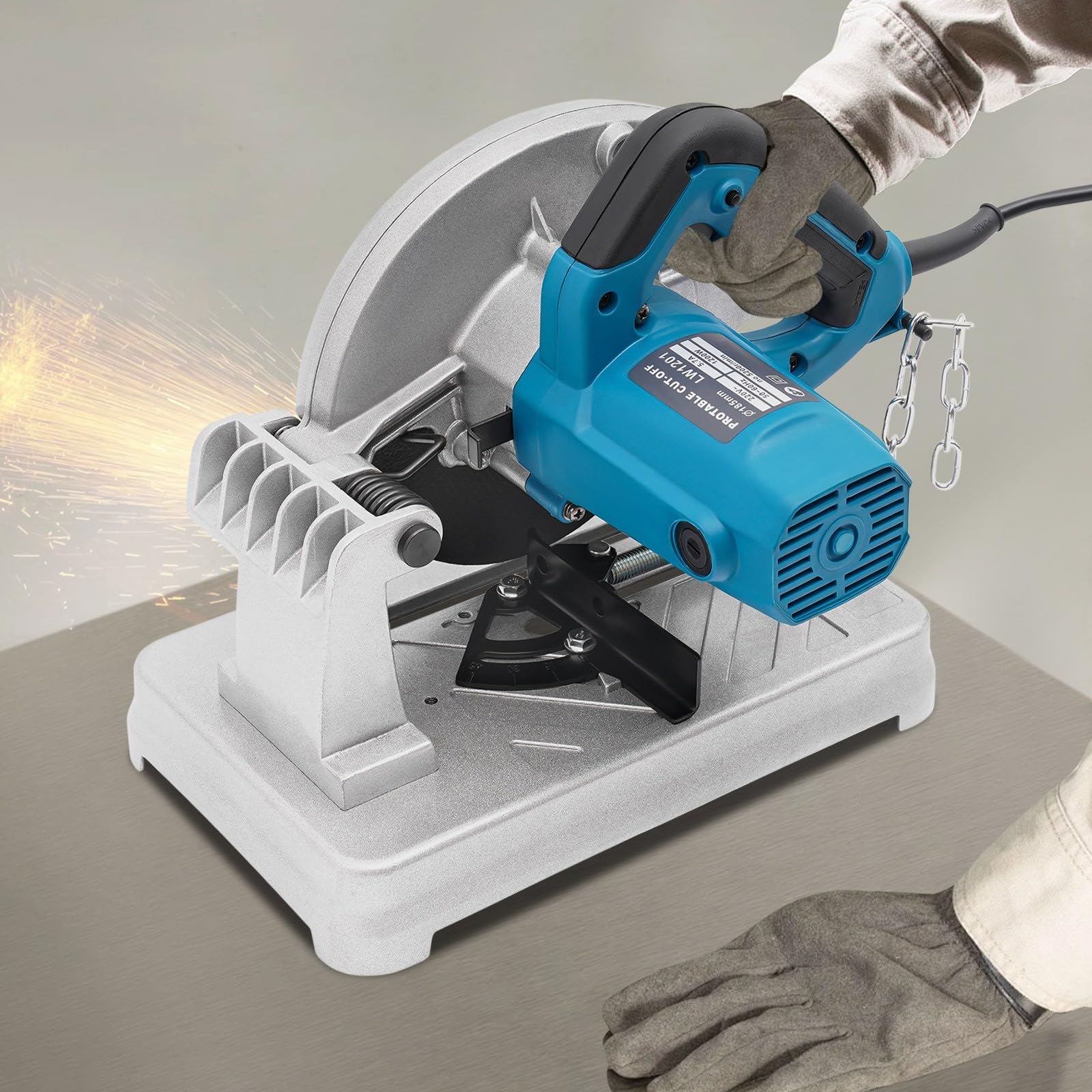 Piła ukośna, piła ukośna, piła ukośna, piła elektryczna do metalu, drewna, płytek z brzeszczotem 185 mm, moc 1200 W, moc 5200 obr./min, kąt cięcia od 0 do 45 stopni (niebieska)