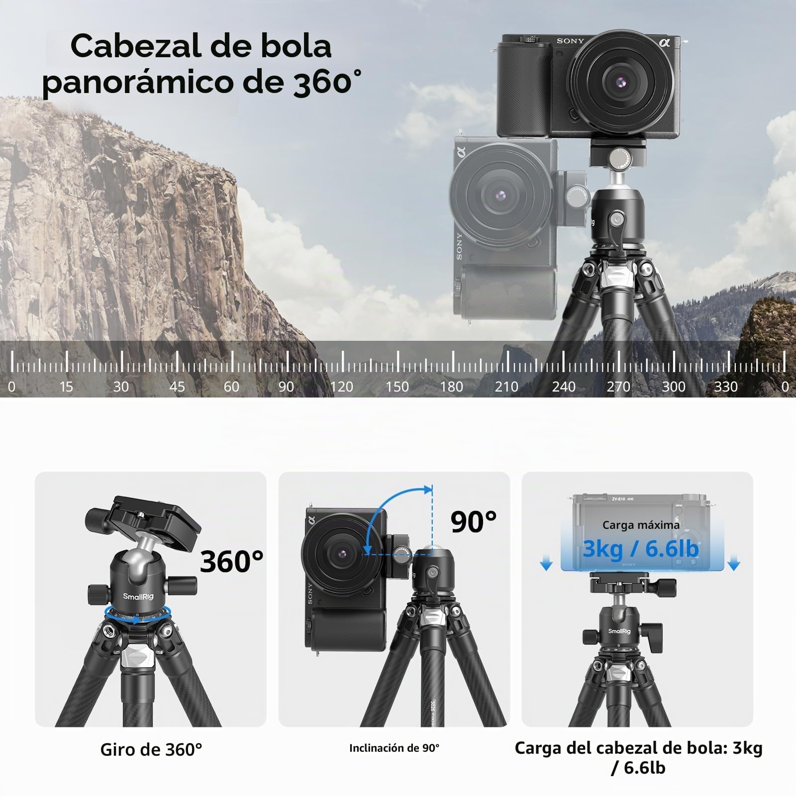 SMALLRIG Trípode de Escritorio Pequeño de Fibra de Carbono, Kit de Trípode de Bolsillo Compacto de 15,5''/39,5 cm con Cabezal Esférico de 360°, Placa QR Incorporada para Arca - 5026
