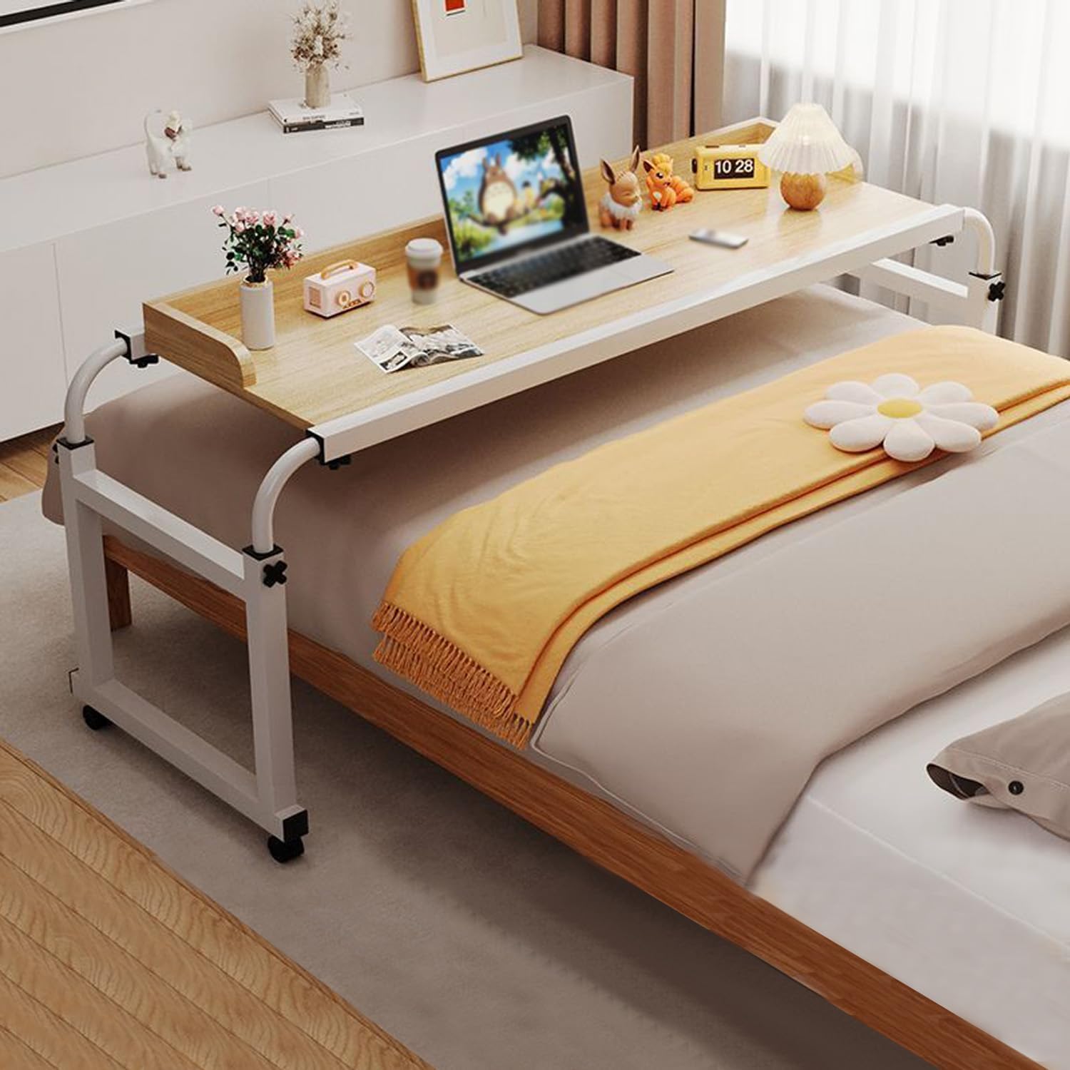 Hospital Bed,Desk On Wheels Large Overbed Table Adjustable Height with Over-Bed Bed Laptop Wheelchair Tables for Food Tray Desk(Color:Wood+)