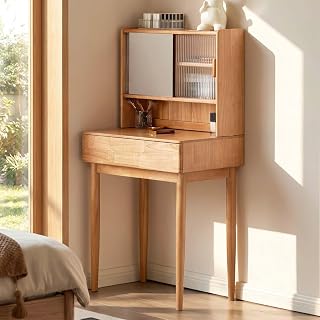 YESWOOD Schminktisch Massivholz Gummibaum, Frisiertisch mit Spiegel und Glastür, Verstellbarer Stauraum, Kosmetiktisch mit Schublade, Schminktisch oder Schreibtisch für Schlafzimmer