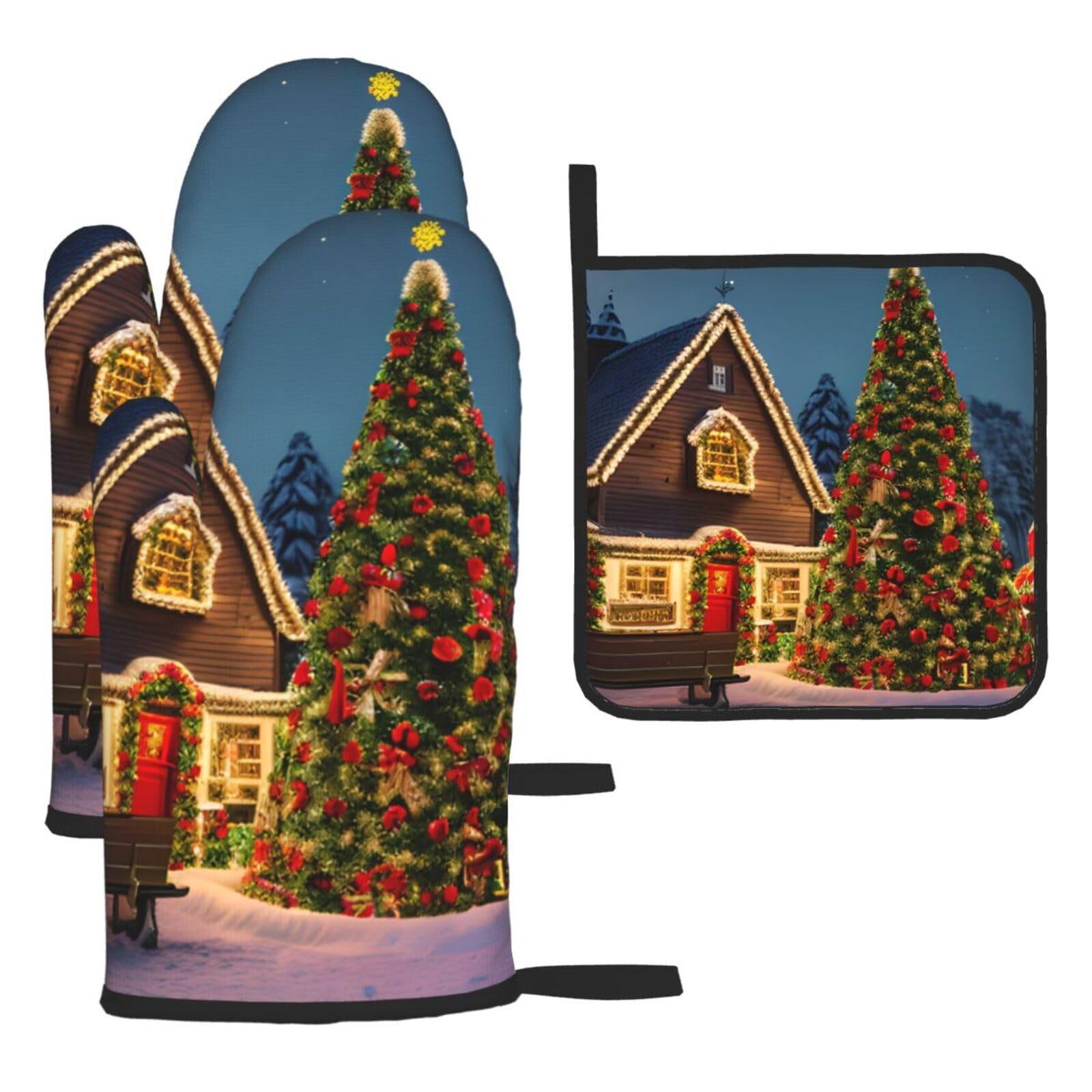 Christmas Carnival Village Print Oven Mitts Kitchen Gloves Set Everyday Baking Grilling Microwaving Cooking Gift