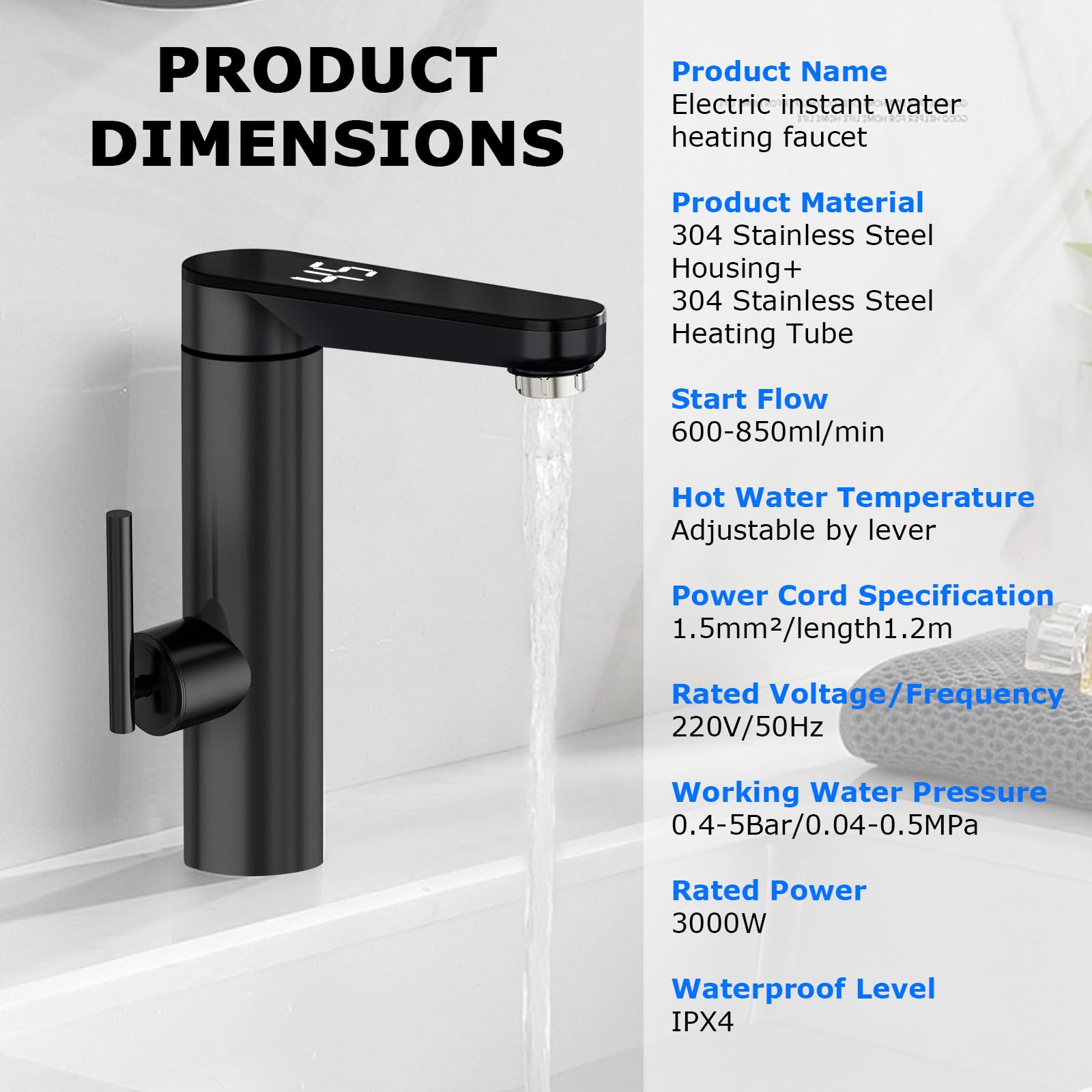 Wasserhahn mit Durchlauferhitzer, Warmwasserhahn Dlektrisch, Elektrischer Heiß- und Kaltmischer Wasserheizhahn mit digitaler Anzeige, 220 V 3000W Edelstahl Wasserhahn mit 120° drehbarem (Black)