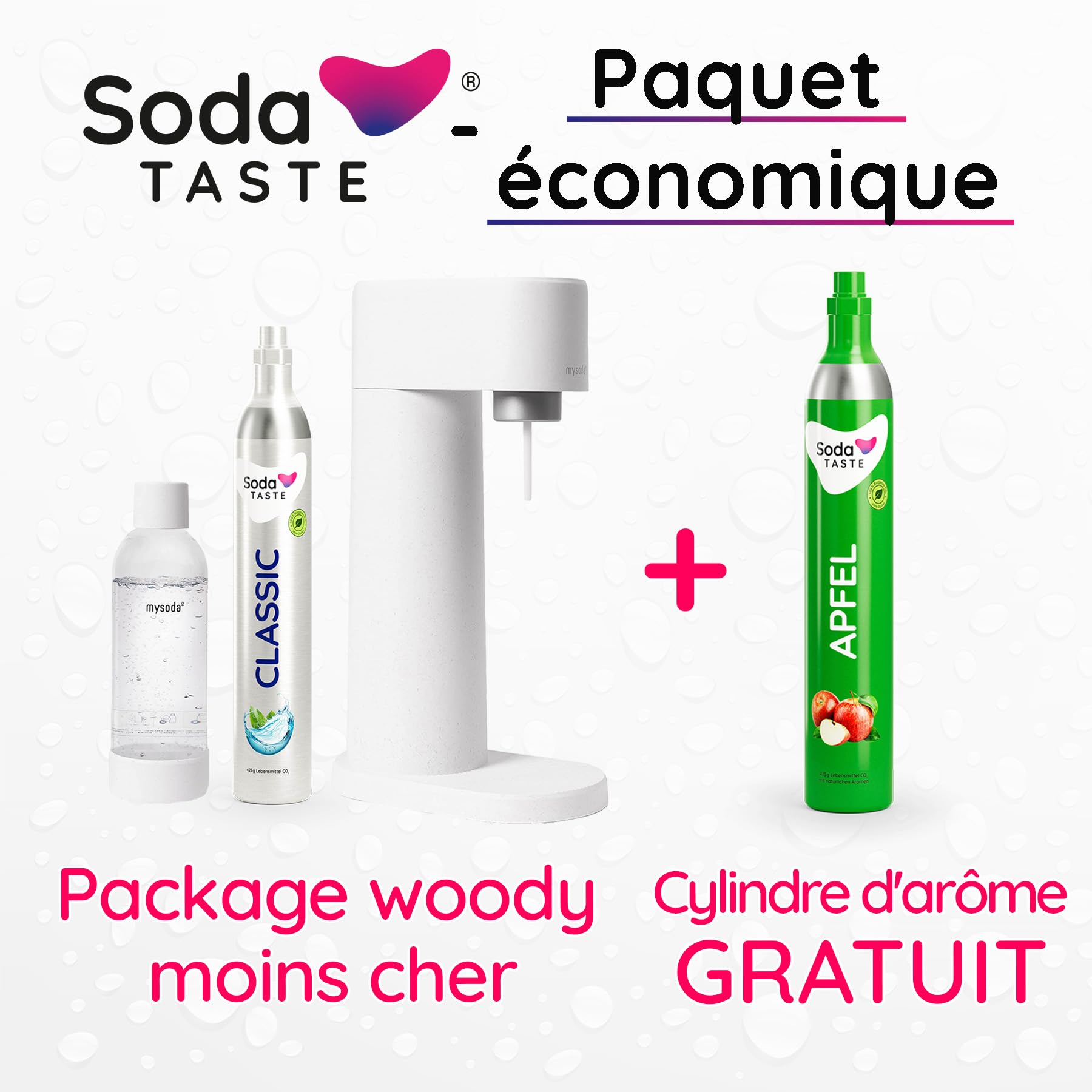 Pack économique : Mysoda Woody - Purificateur d'eau en bois composite renouvelable avec bouteille en plastique de 1 L sans BPA, cylindre de CO2 Classic + cylindre de CO2 Pomme (Blanc)