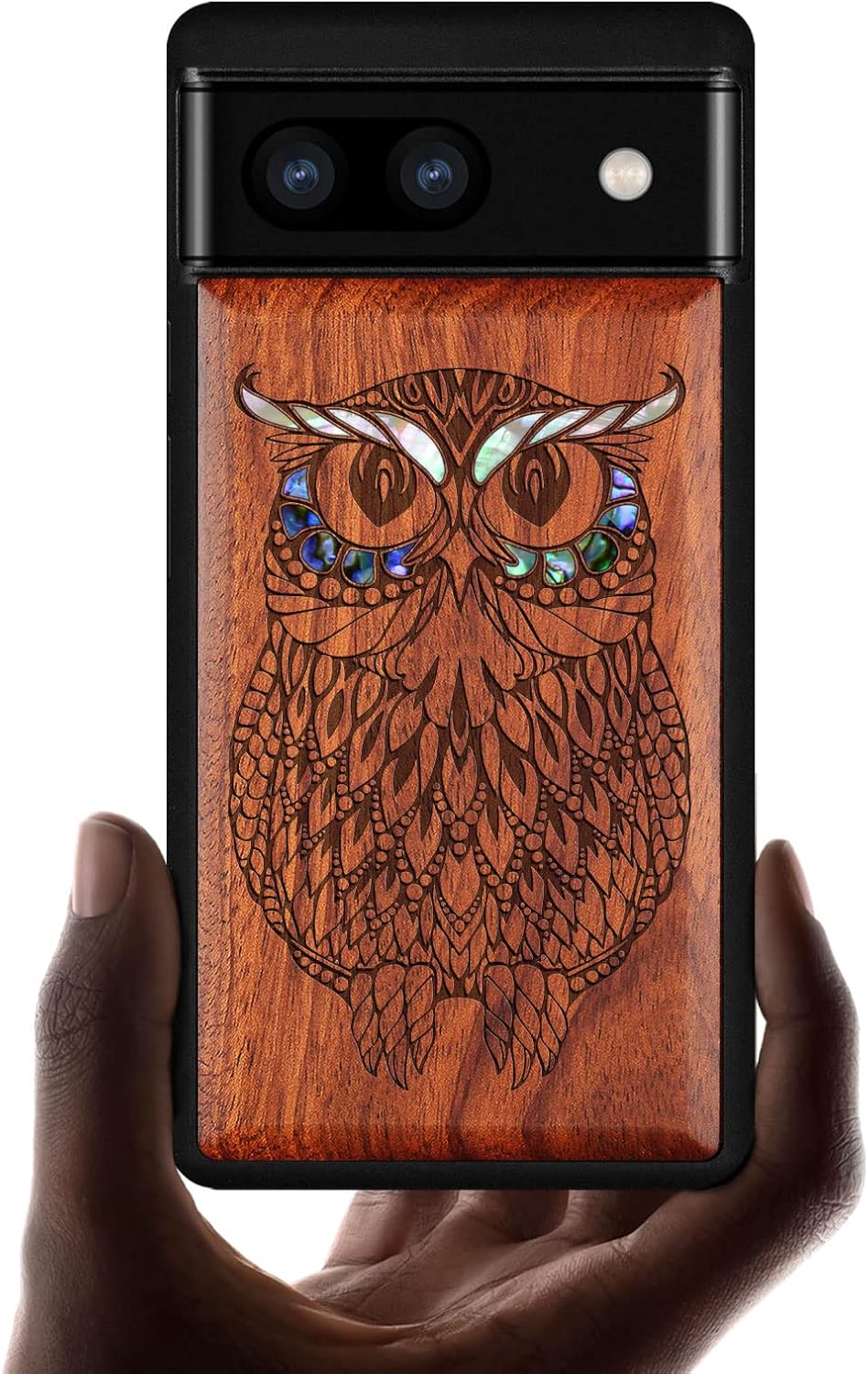 Carveit Designer Wooden Case for Google Pixel 6a Case Protective Cover [Wood Engraving & Shell Inlay] Unique Wood Phone Case Compatible with Pixel 6a (Owl-Rosy)