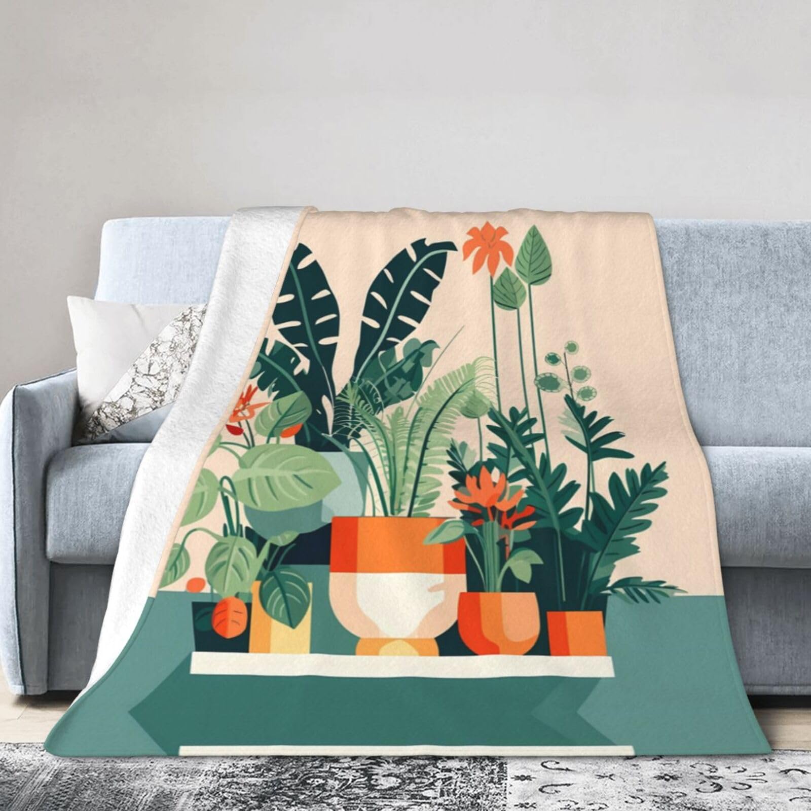 Cartoon Small Green Plant 80"x60" Fleece Blanket, Full Size, Super Soft, Suitable for Bed, Sofa, Camping, All Seasons