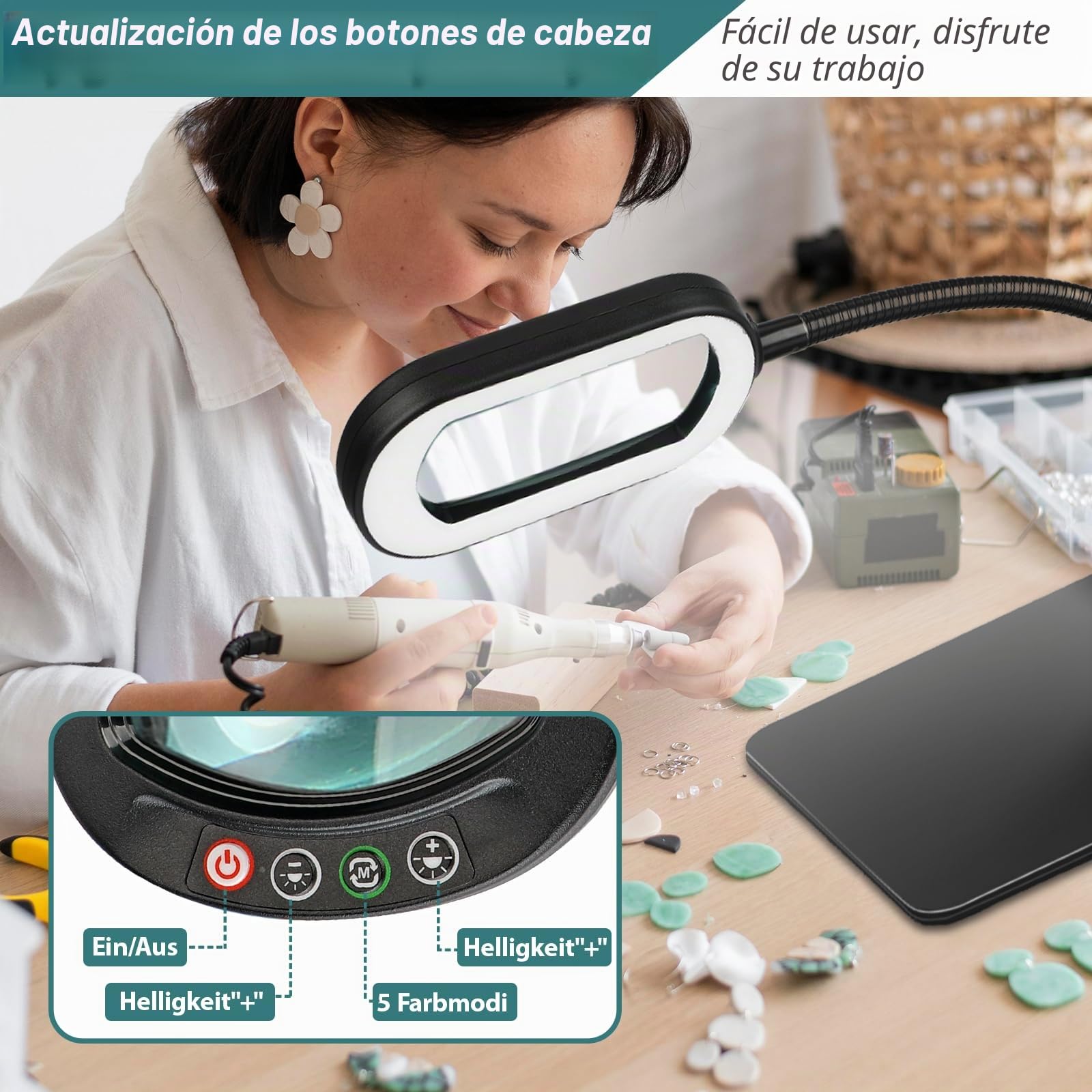 Drdefi 10X Rectangular Lupa con Luz y Soporte, 5 Modos de Color, Regulabilidad Continua, LED Lámpara de Escritorio Flexible con Cuello de Cisne, Lámpara de Lupa Manos Libres para Lectura Reparación