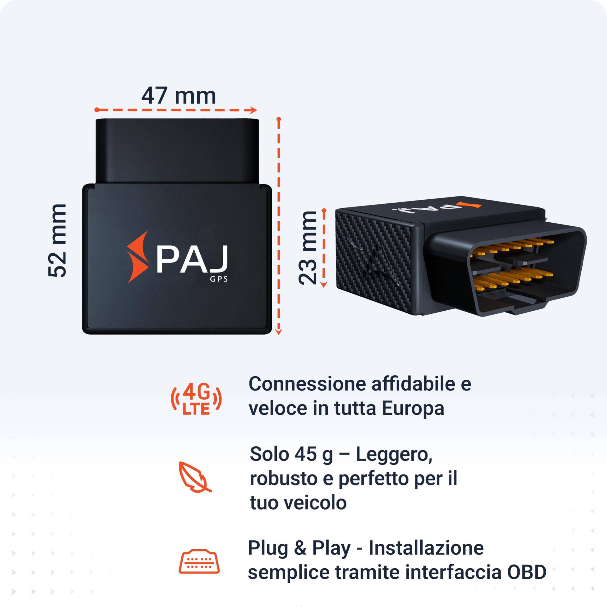 PAJ CAR OBD Finder 4G 2.0, Localizzatore GPS Auto, Camion e altri Veicoli, Collegamento Diretto Presa OBD, Tracciamento Tempo Reale via App, Vari Allarmi Impostabili, 365gg Archivio Percorsi