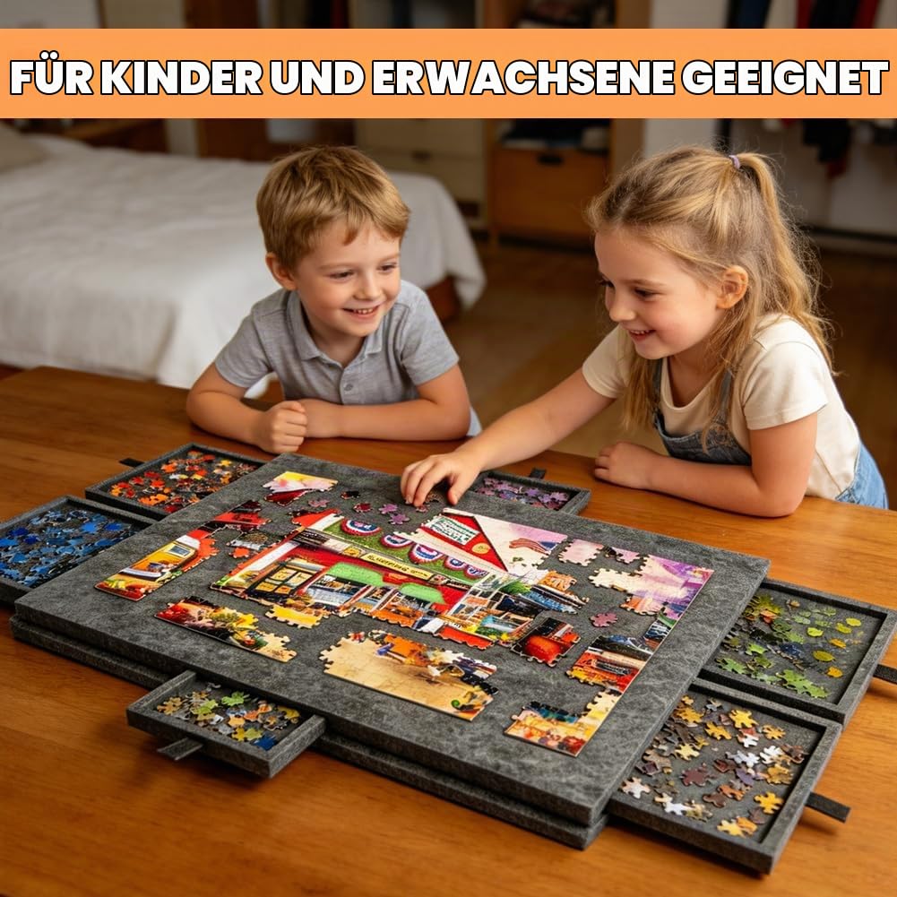 Kippbarer Puzzletisch für 1000 Teile mit 6 Schubladen - Tragbares Puzzlebrett mit 2-in-1-Ständer und Abdeckung, Superleichtes Filz Puzzle Board für Erwachsene, einsetzbar für 500 1500 2000 Puzzleteile