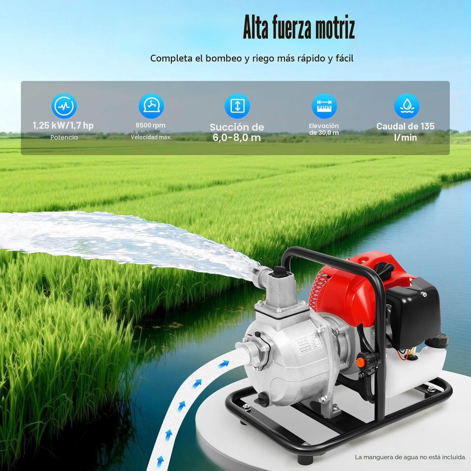 Bomba de agua gasolina 1,25 kW/1,7 hp 8000 l/h 30 m, motor 2T, botella de aceite, filtro | riego/drenaje (610 g combustible)