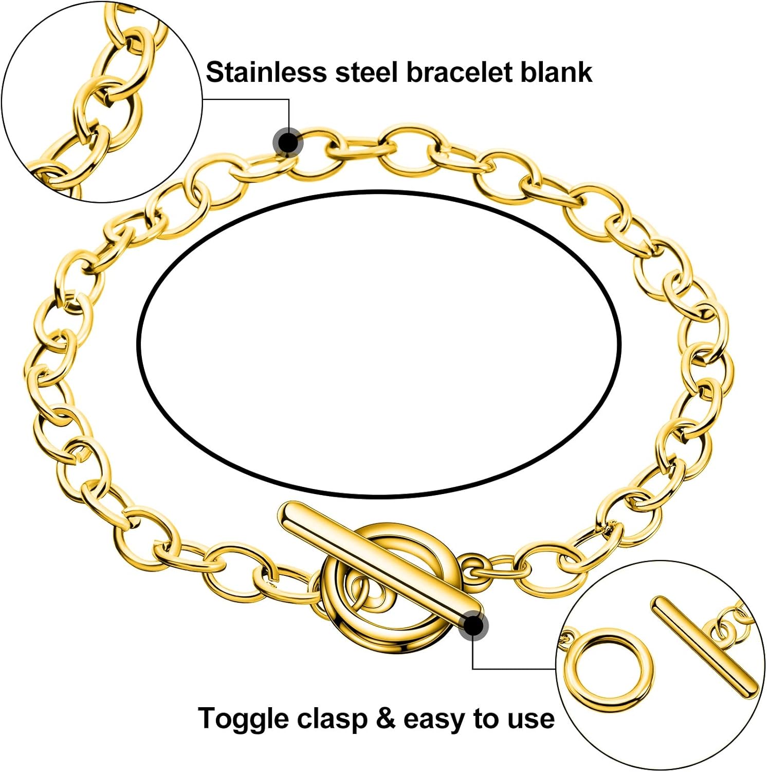 Junkin 20 Pieces Chain Bracelets Stainless Steel Link Bracelet Round Link Chain Bracelets with Ot Toggle Clasp Jewelry Bracelet Making for Women Valentine Present(Gold) - Image 3
