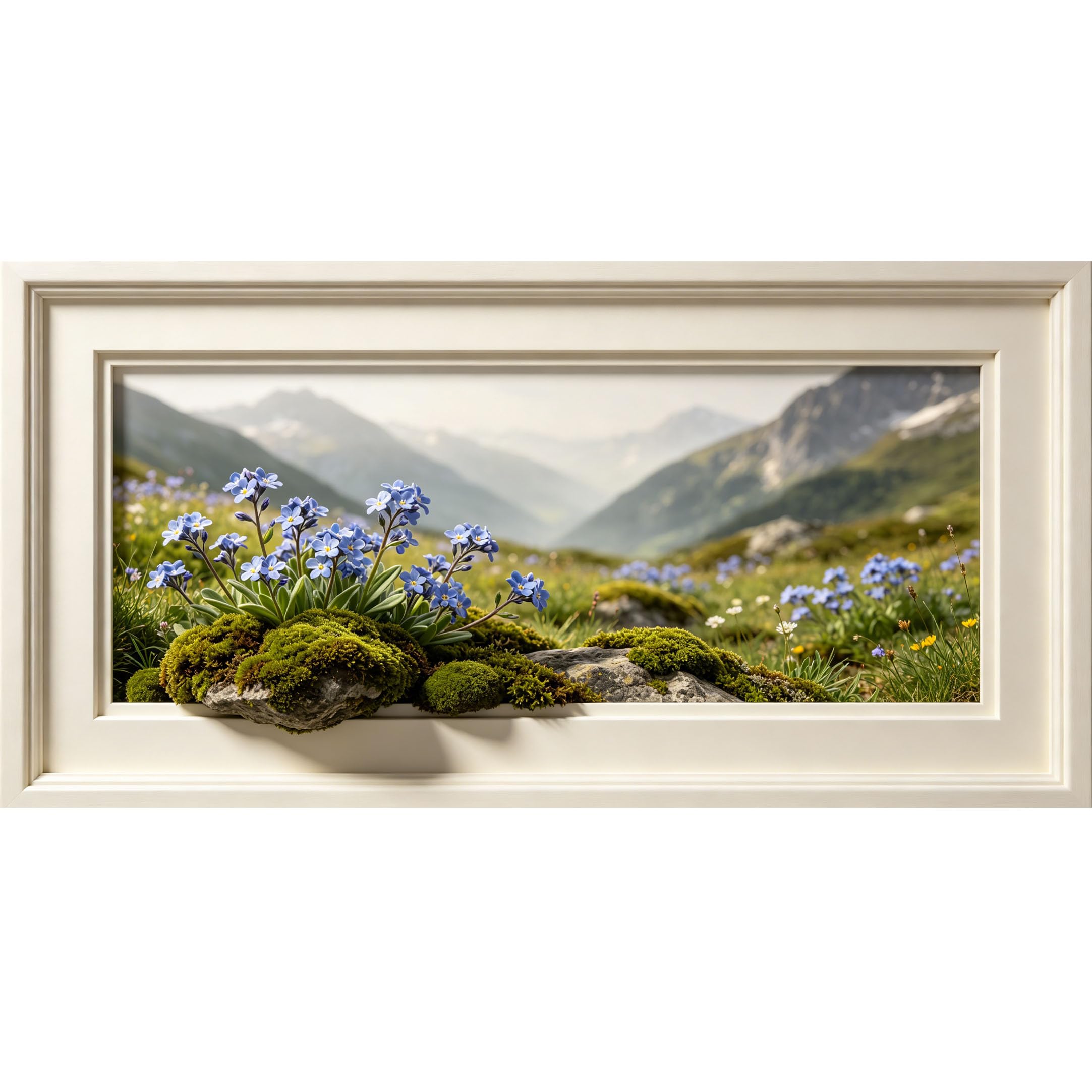 Agglomerix 3D Framed Wall Art Blue Alpine Flower Mountain Lake Landscape Botanical Relief Effect Large Size SelfAdhesive Removable Wall Decor Prints Artwork for Living Room Bedroom Office