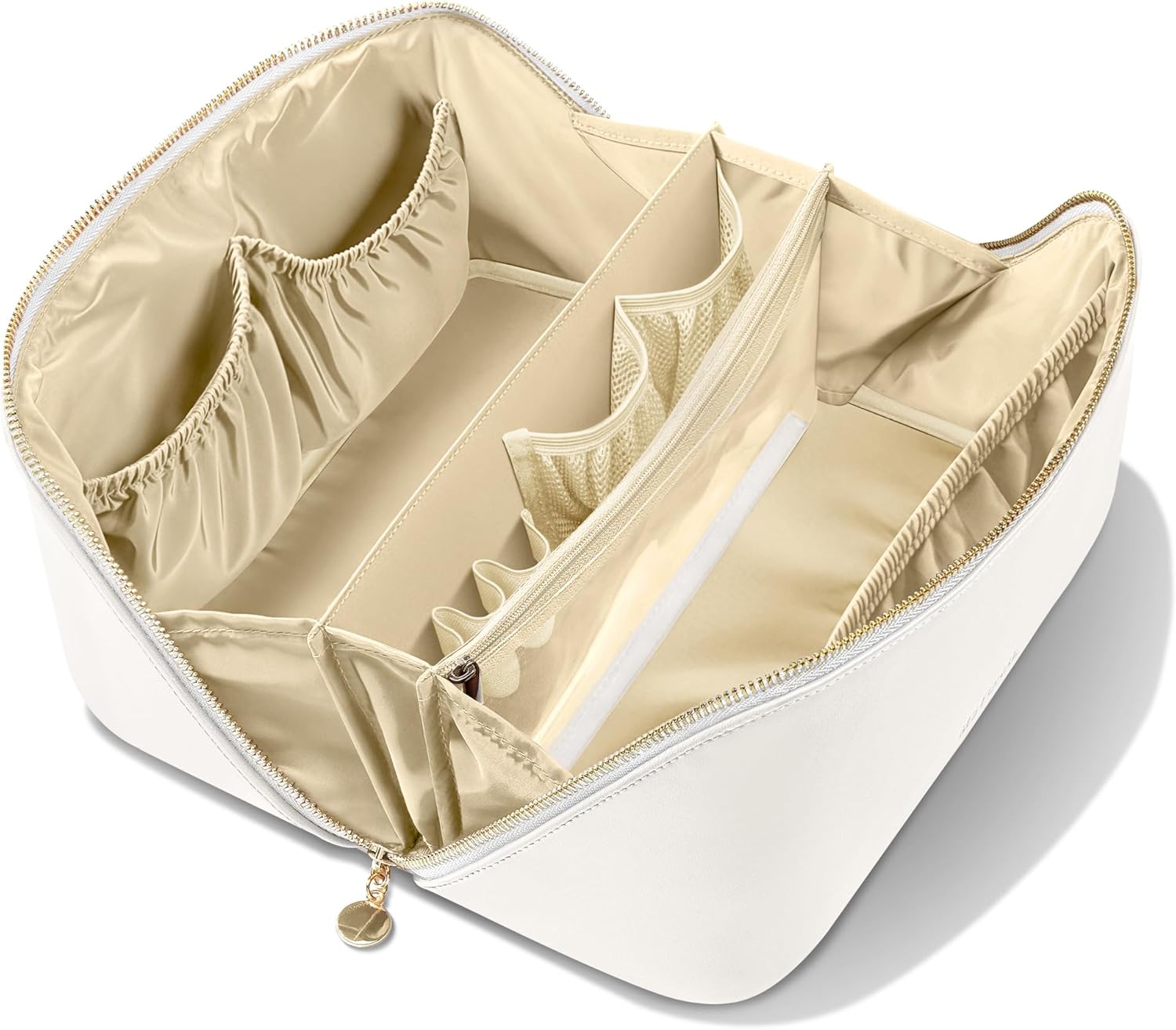 Travel Makeup Bag, Large Capacity Cosmetic Bags for Women, Waterproof Portable Pouch Open Flat Make up Organizer Bag with Dividers and Handle, Toiletry Bag for Essentials