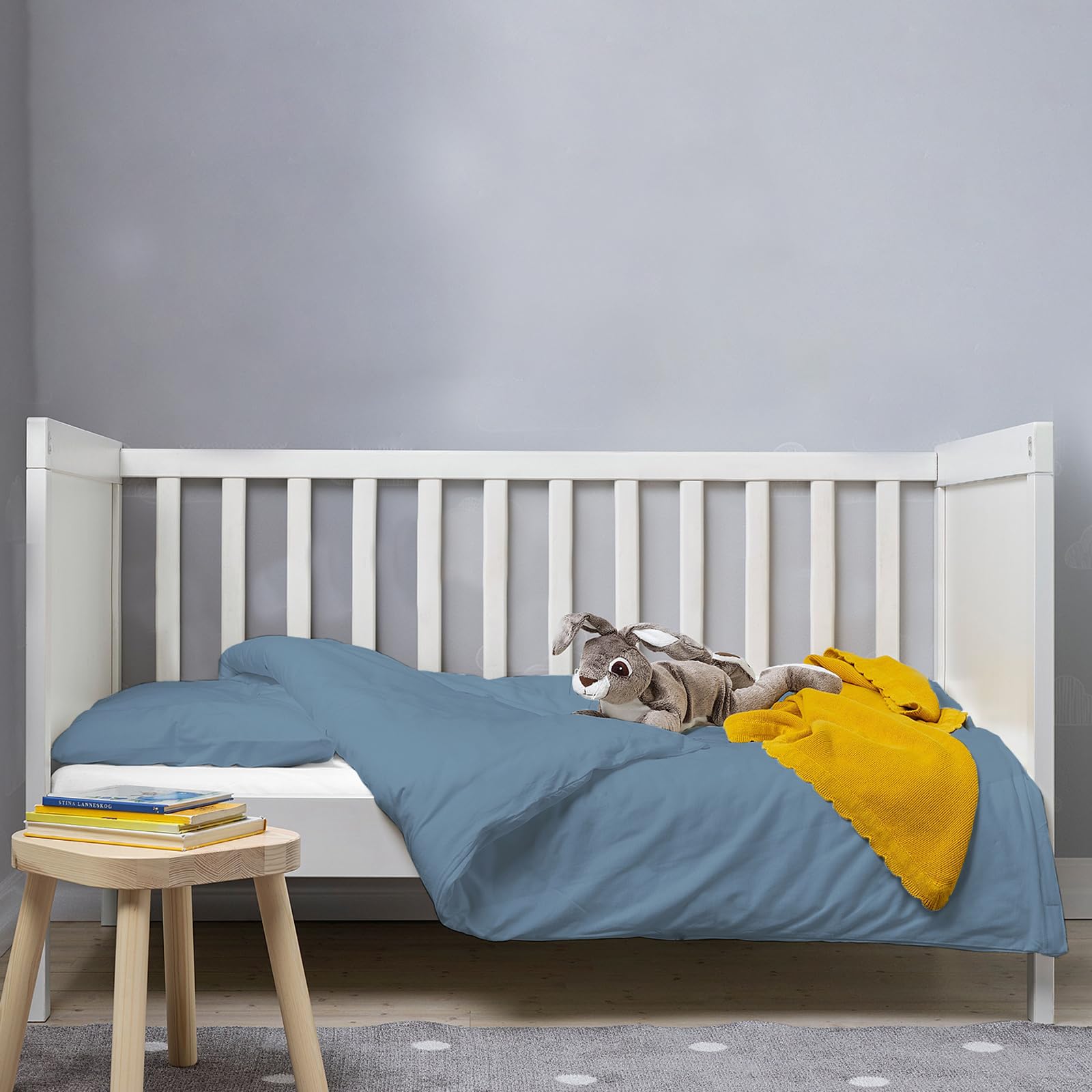 Pizuna Baby Duvet Cover For Crib 100 x 135 cm, Dusty Blue, 400 Thread Count 100% Long Staple Cotton Bedding Set
