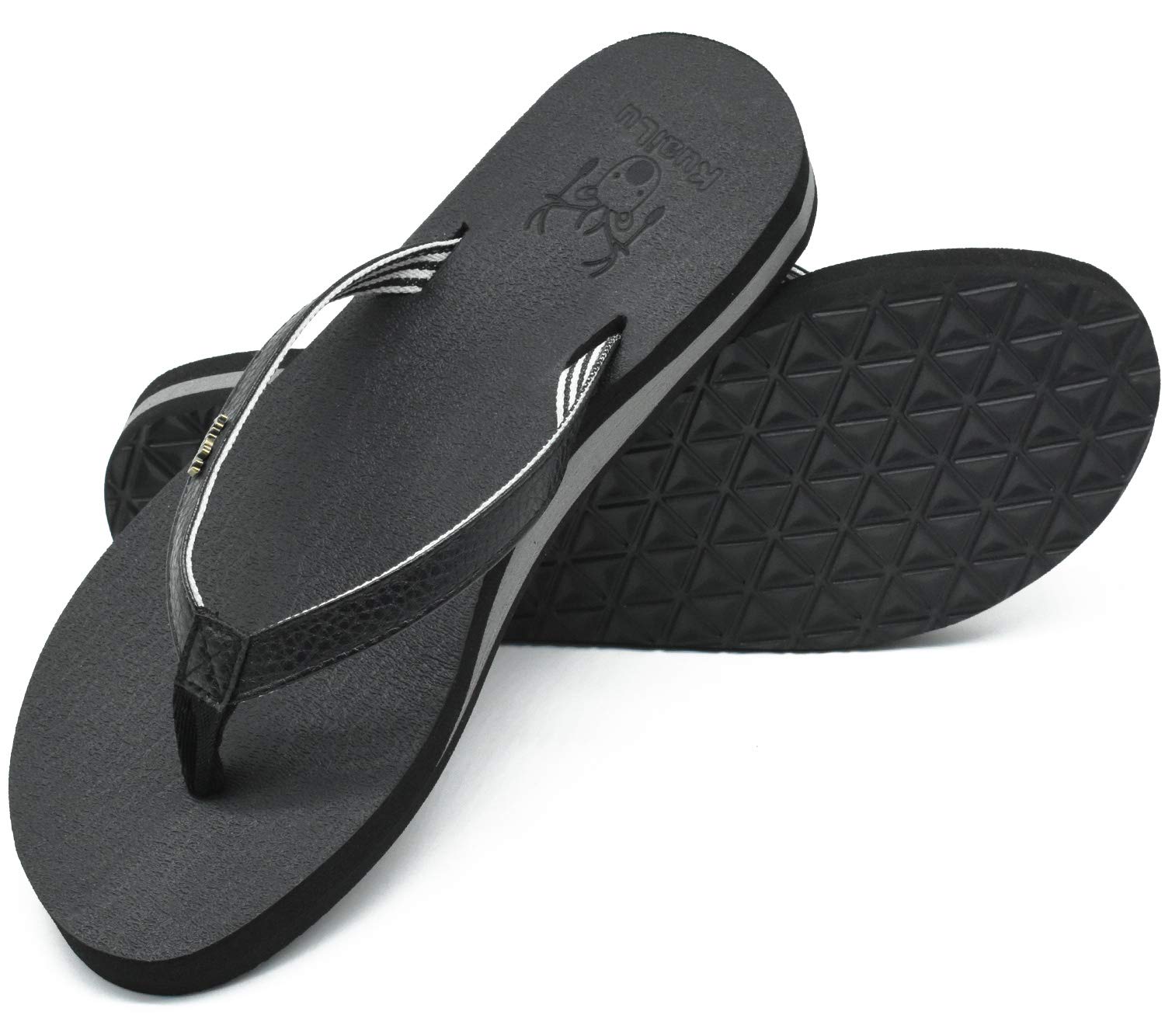 KuaiLuFlip Flops for Women with Arch Support Yoga Mat Comfortable Summer Beach Walking Thong Cushion Sandals Slip On Indoor Outdoor Black Size 8