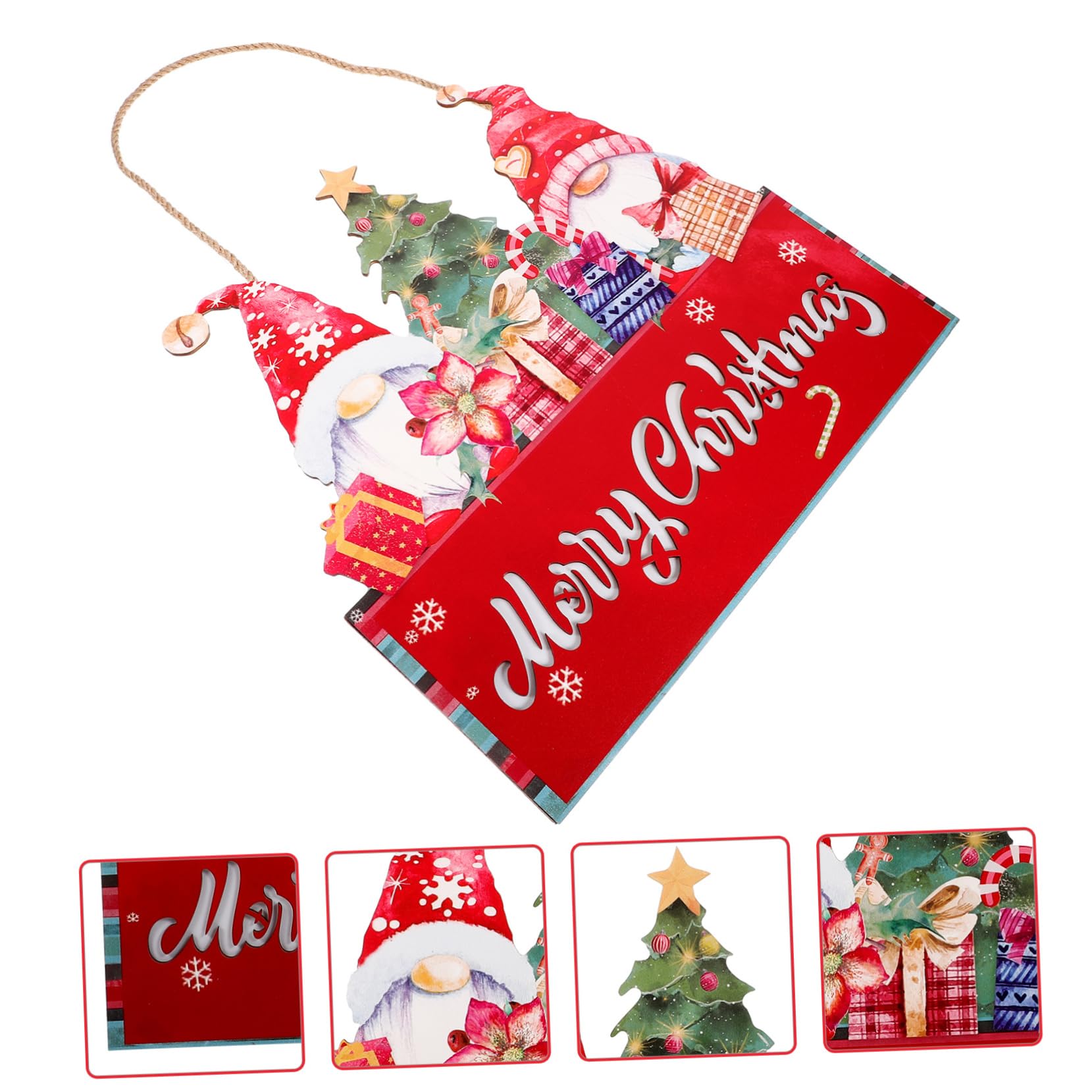Amosfun Adornos de Santa Claus Letrero Navideño para Puerta de Entrada Diseño de Duendes Colgantes Letrero Decorativo Navideño de Madera sin Luz
