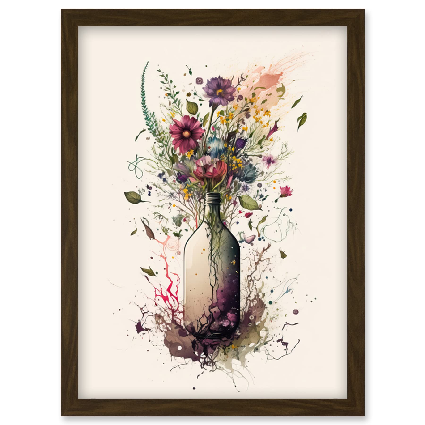Artery8 Spring Wildflower Floral Bouquet in a Wine Bottle Artwork Framed Wall Art Print A4