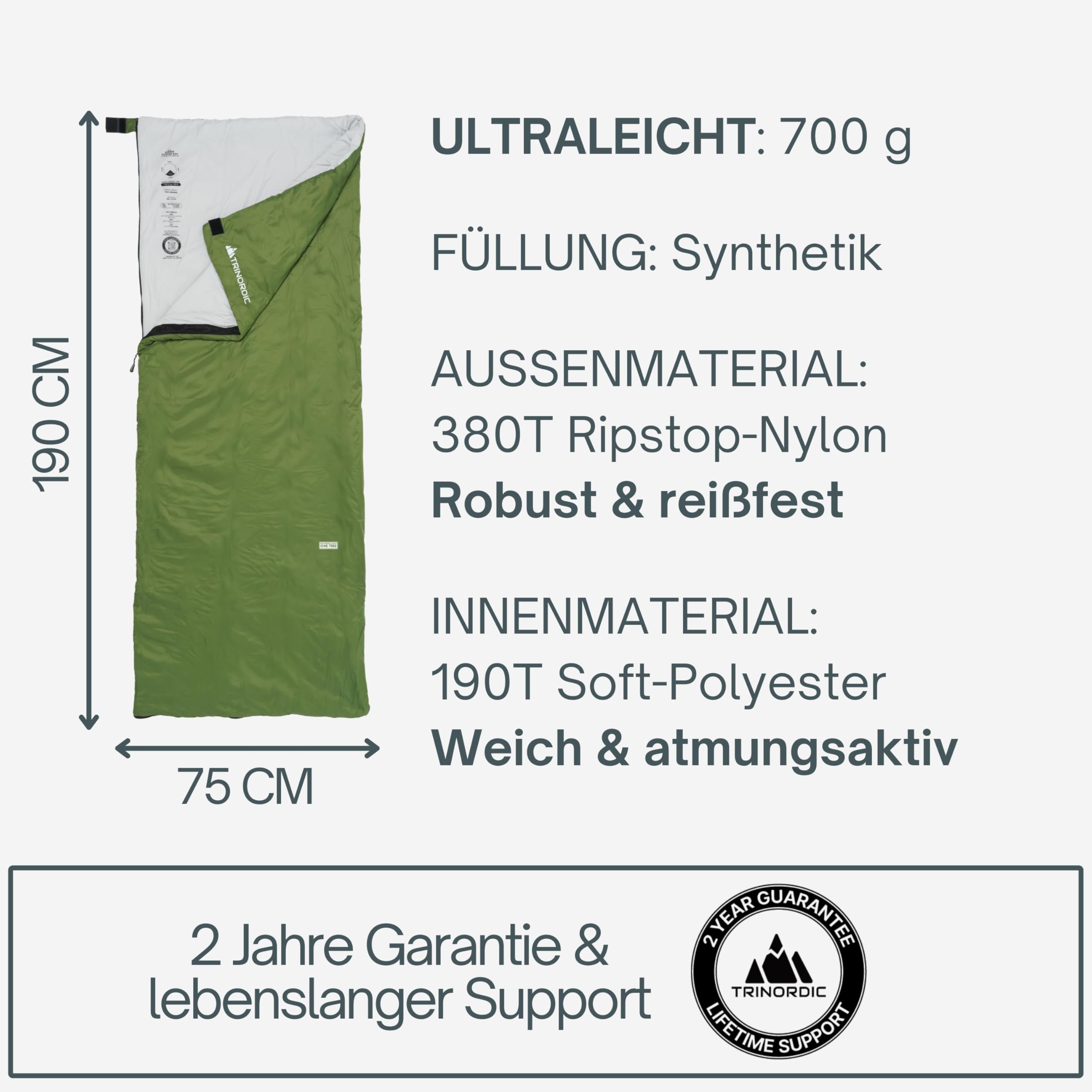 Trinordic 700g Ultraleicht Deckenschlafsack – mit Anti-Klemm-Reißverschluss – Kompakte Schlafsack Sommer für Erwachsene – Outdoor Wandern, Rucksackreisen, Bikepacking und Reisen