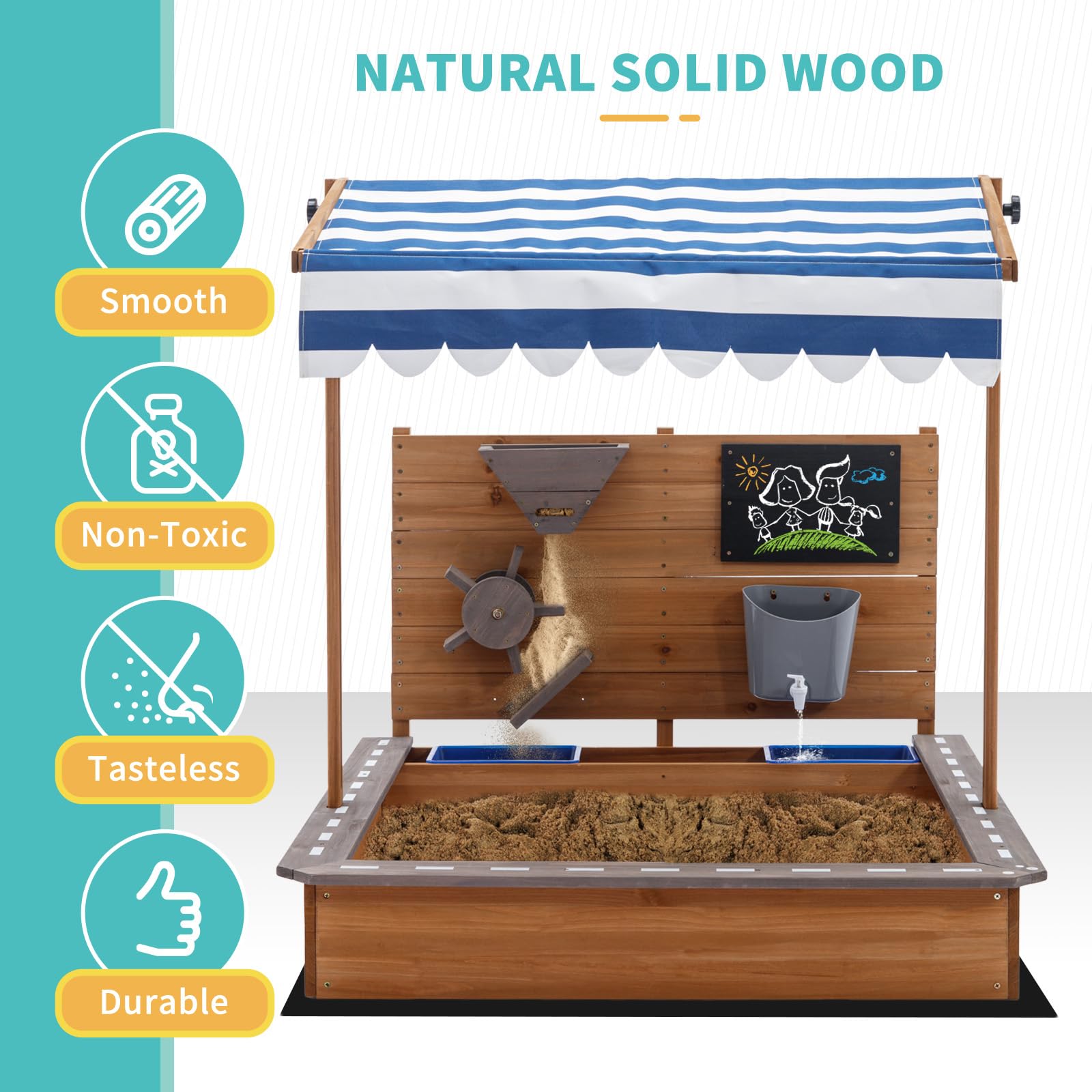 Sandkasten mit Abdeckung, Großer Kinder-Sandkasten aus Holz mit Bring Strandspielzeug, Sandkasten mit Dach für Strand, Garten (103 x 114 x 110 cm)