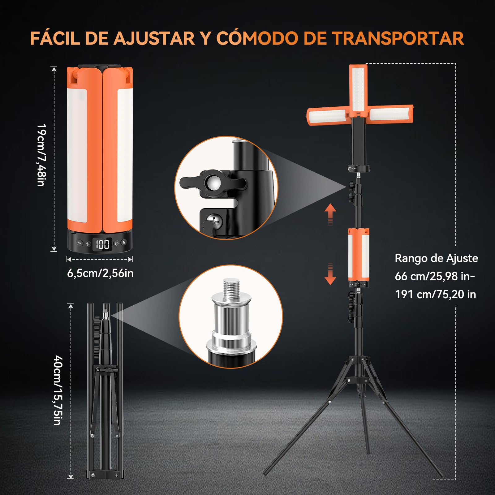 Lámpara de Camping Recargable con Trípode, 12000 mAh, 3 Colores de Luz, Trabajo LED Regulable de 6000 lm con Gancho Magnético y SOS, IP65, Adecuada para Talleres, Obras de Construcción y Emergencias.