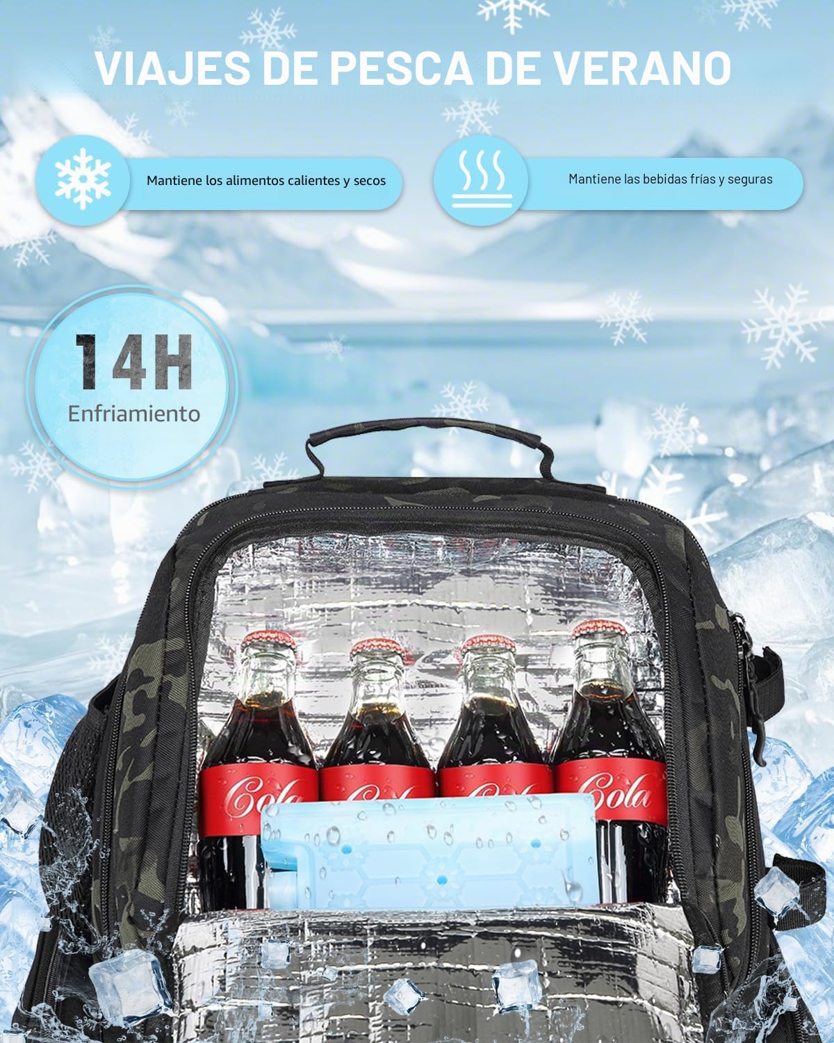 Mochilas Pesca con 4 Cajas Lure Bolsa de Pesca de 50L con Compartimento Frigorífico Resistente al Agua Grande (Camo)