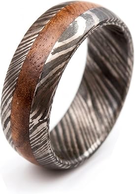 KE-216-AT Damascus Steel Ring Custom Handmade and Damascus Ring with Walnut Wood Outer Liner Damascus Steel and Wood Fathers Day Ring Wedding Band Rings Color Might be Slightly Different