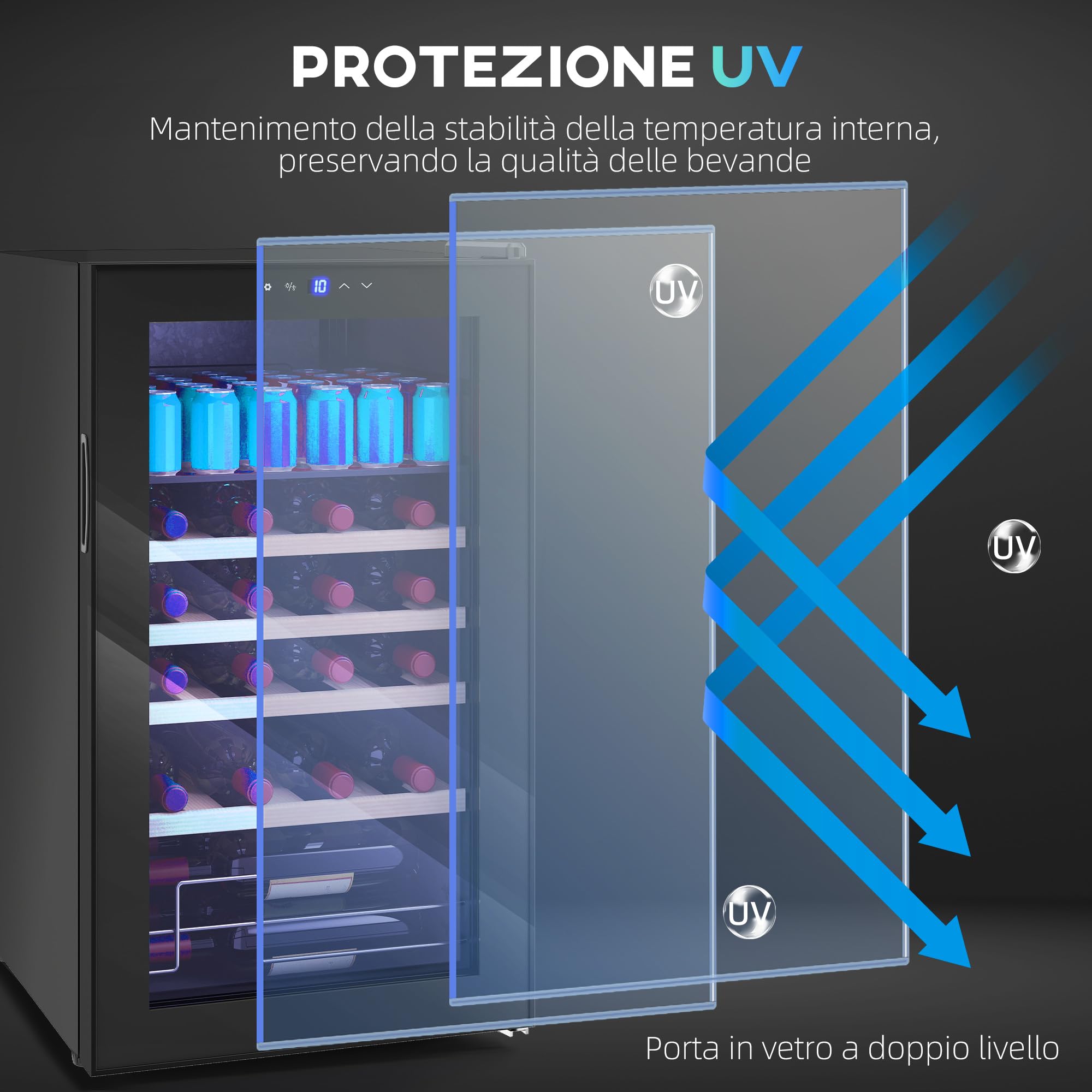 HOMCOM Cantinetta Vino Refrigerata 16 Bottiglie 63L Cantina Vino Silenziosa Temperatura Regolabile 5-18℃ Frigo Vino Bar con Vetro Anti UV, Ripiani, Compressore, Display Touch, Luci LED, Classe G