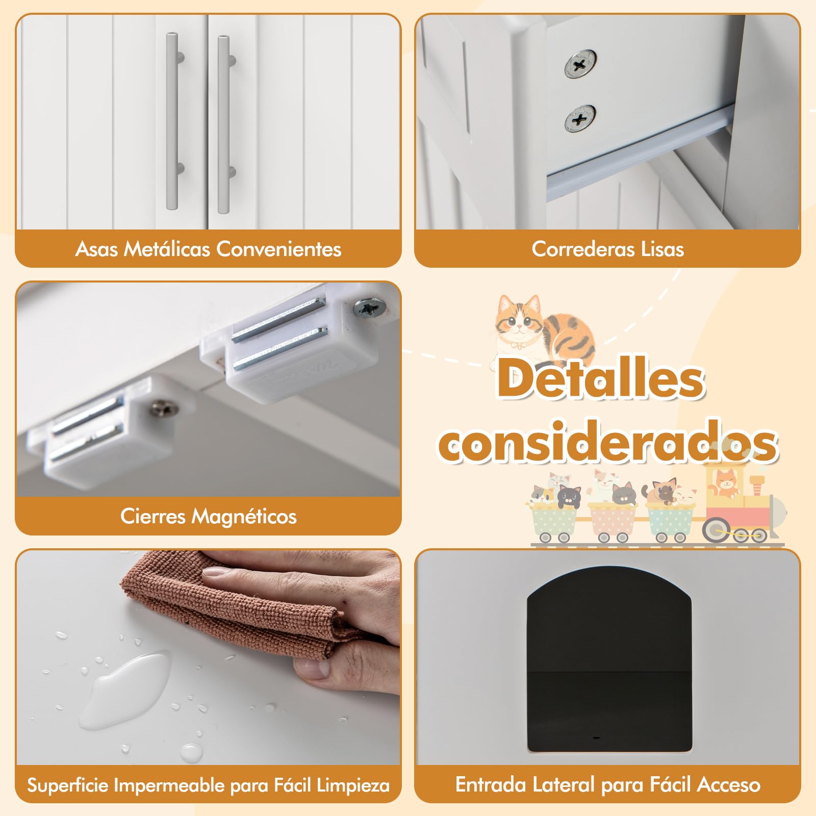 GOPLUS Mueble para Arena de Gatos 3 en 1, Casa Oculta de Madera para Mascotas con 2 Cajones, Puertas Dobles y Entrada Lateral, Armario Moderno para Gatitos de Interior para Sala de Estar, Blanco