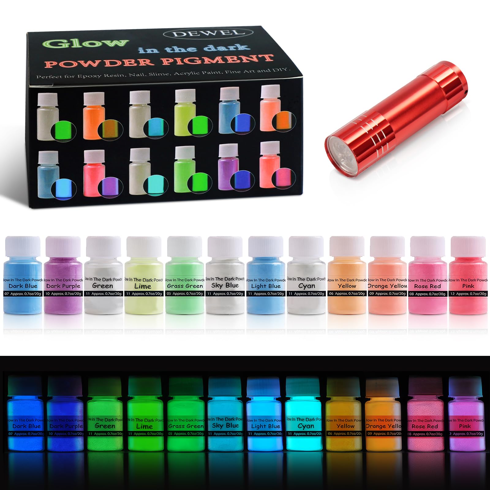 DEWEL Epoxidharz Leuchtpulver Mica Pulver mit UV-Lampe - 12 Farben, Nachtleuchtende Pigmente Leuchtpulver für Slime, Nail Art, Malen, Acrylfarbe und DIY Basteln – jeweils 20g