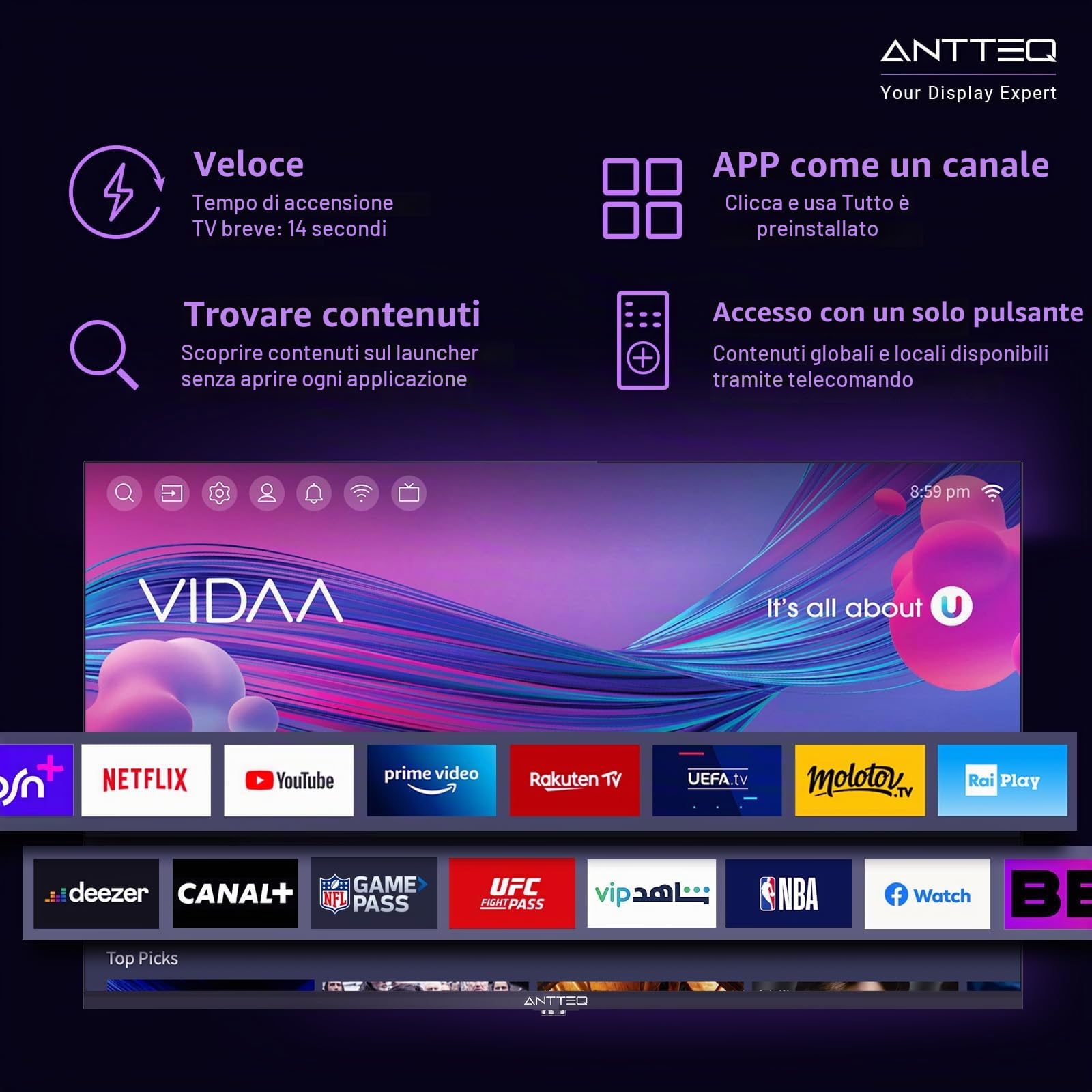 Antteq ViTA Smart TV 32 Pollici Bluetooth (81 cm) con Telecomando Vocale, Vidaa App Store, WiFi, HDMI, Triple Tuner, DAZN/Youtube/Netflix/Prime Video [Classe di efficienza energetica E]