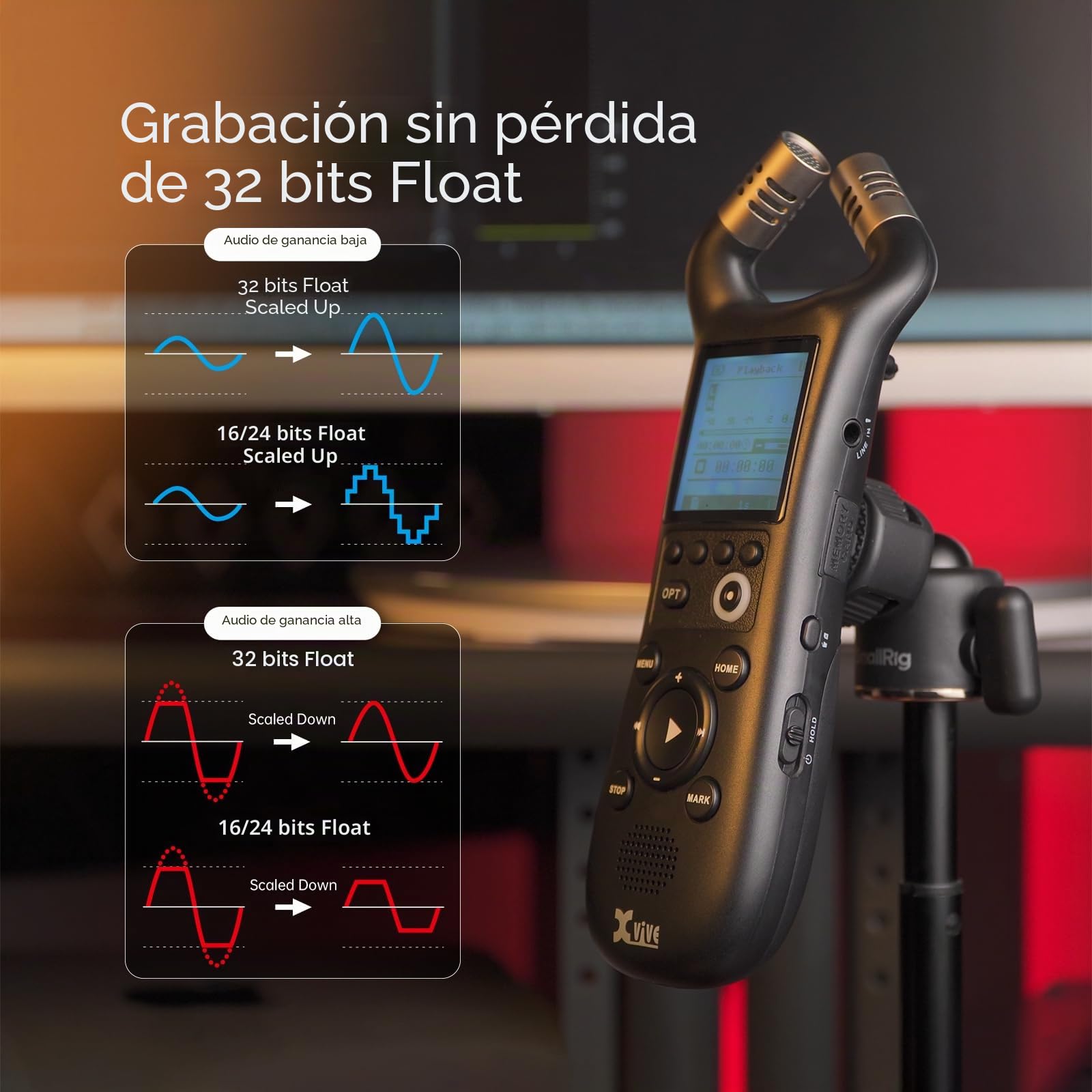 Xvive - Grabadora de mano digital XV1-R con micrófonos integrados - grabación wav mono estéreo