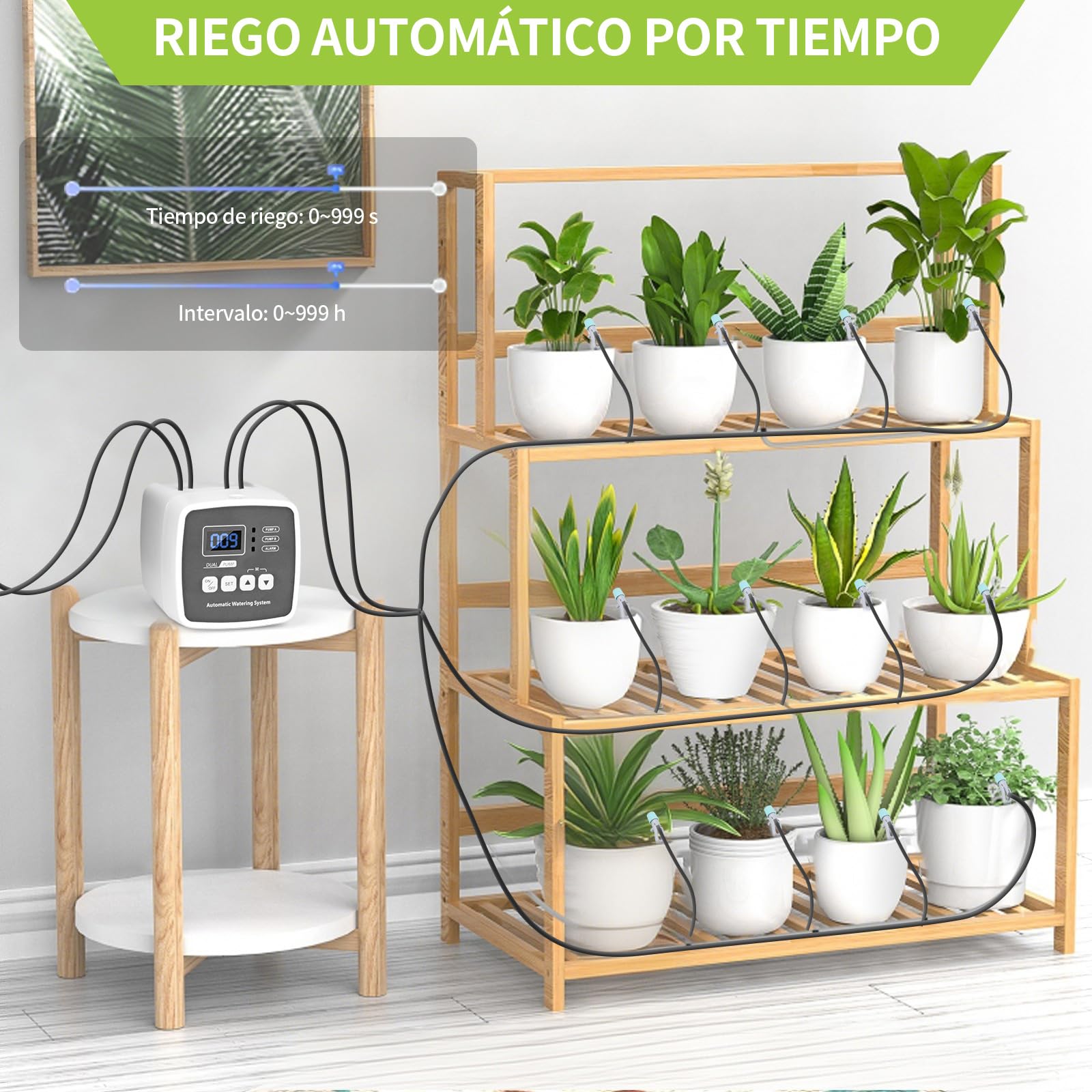 Sistema de Riego para Jardín,Riego por Goteo Automatico Kit con Doble Bomba de 15 m para Jardín/Plantas de Balcón/Plantas en Macetas al Aire Libre para Hasta 20 Plantas y Macetas de Interior