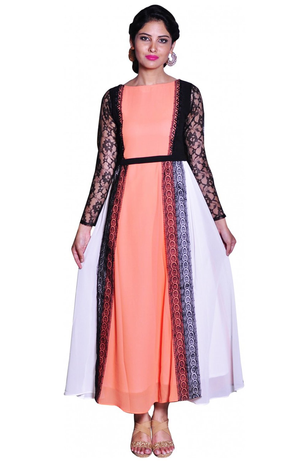 Bayside Clothing Spain Womens Peach &Cream Full Netted Sleeves Crochet Long Jalabiya Dress