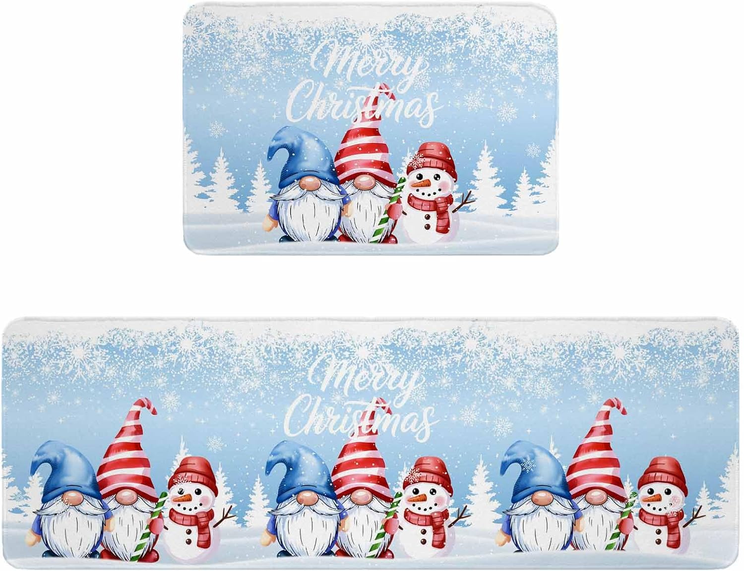 Blue Christmas Kitchen Rugs and Mats Set of 2, Non-Slip Kitchen Sink Mat, Winter Snowman Gnomes Pine Trees Snowy Washable Doormat Bathroom Rugs Runner for Bedroom/Living Room 19.7"x31.5"+19.7"x47.2"
