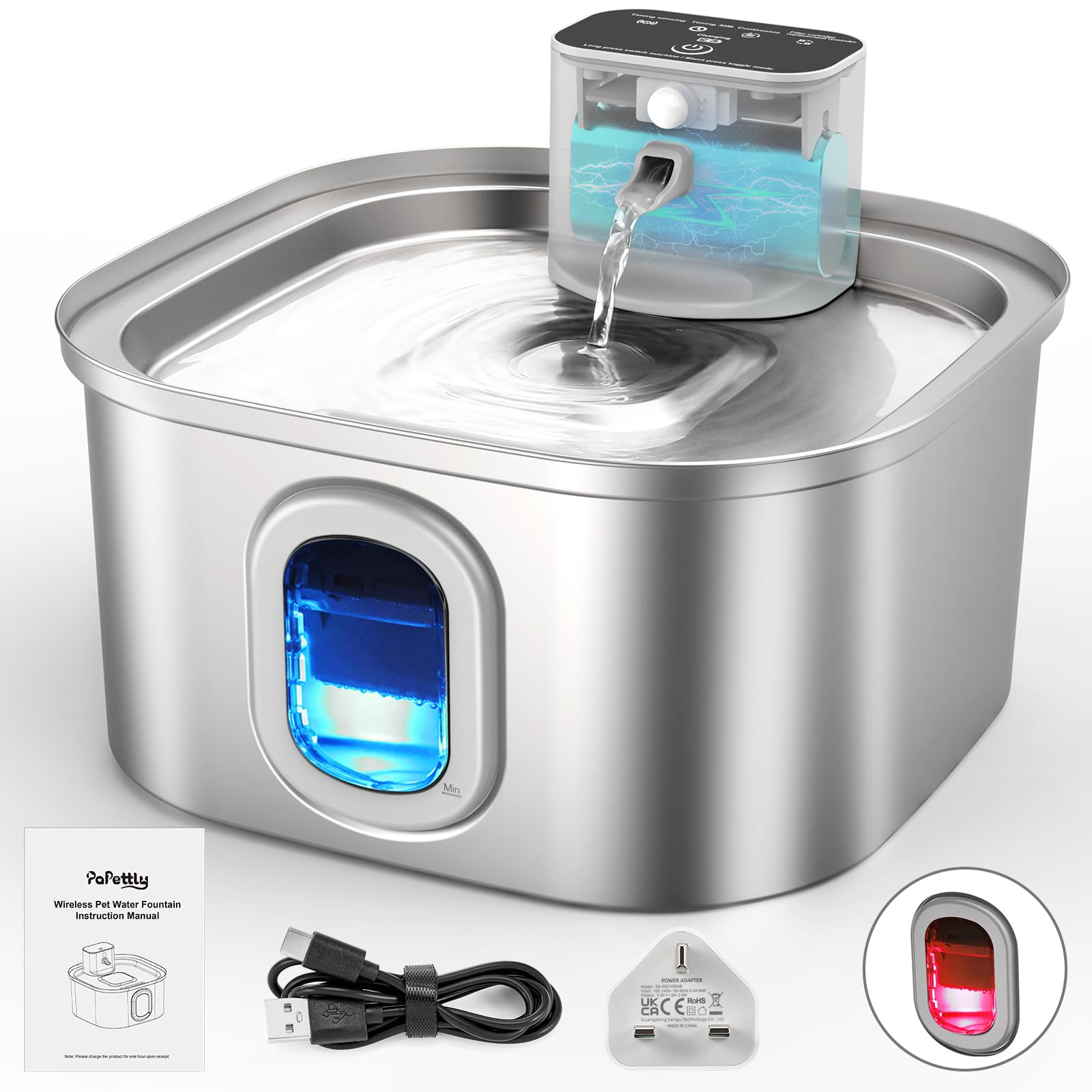 Papettly Fuente de agua inalámbrica para gatos, fuente de agua para gatos de 4000 mAh, funciona con pilas, fuente de acero inoxidable de 3.2 L con sensor de movimiento, sistema de filtración doble, 2