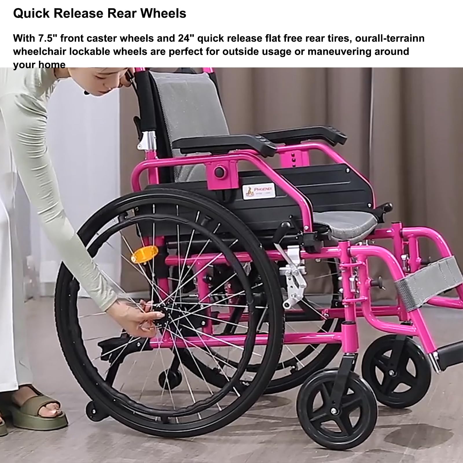 Silla de Ruedas de tránsito, Silla de ruedas aluminio plegable ligera con autopropulsión, Frenos manuales, Antivuelco(18.8" Seat Width,Pink)