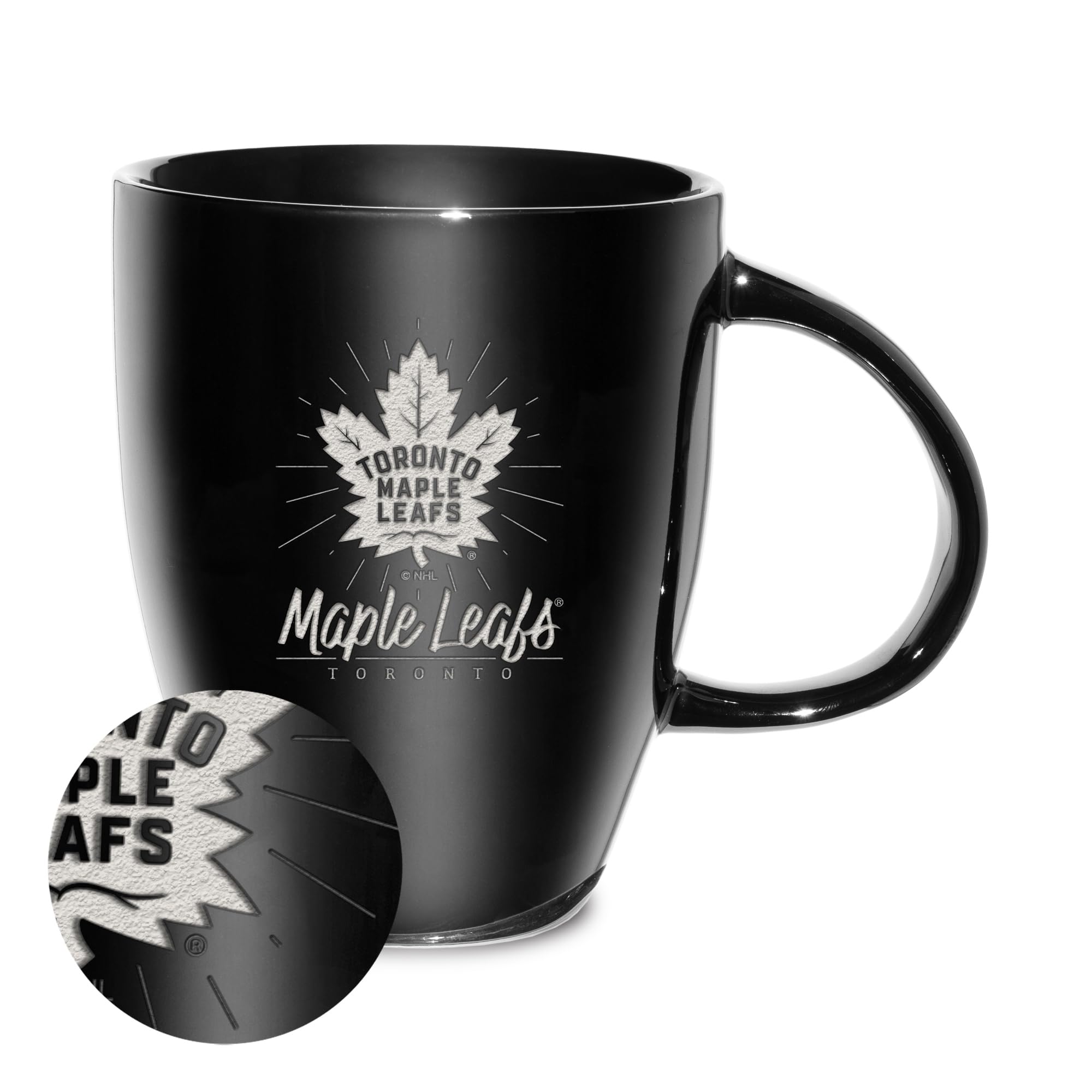 Rico Industries NHL Hockey Toronto Maple Leafs Sunburst Black 18oz Laser Engraved Ceramic Lustre Mug
