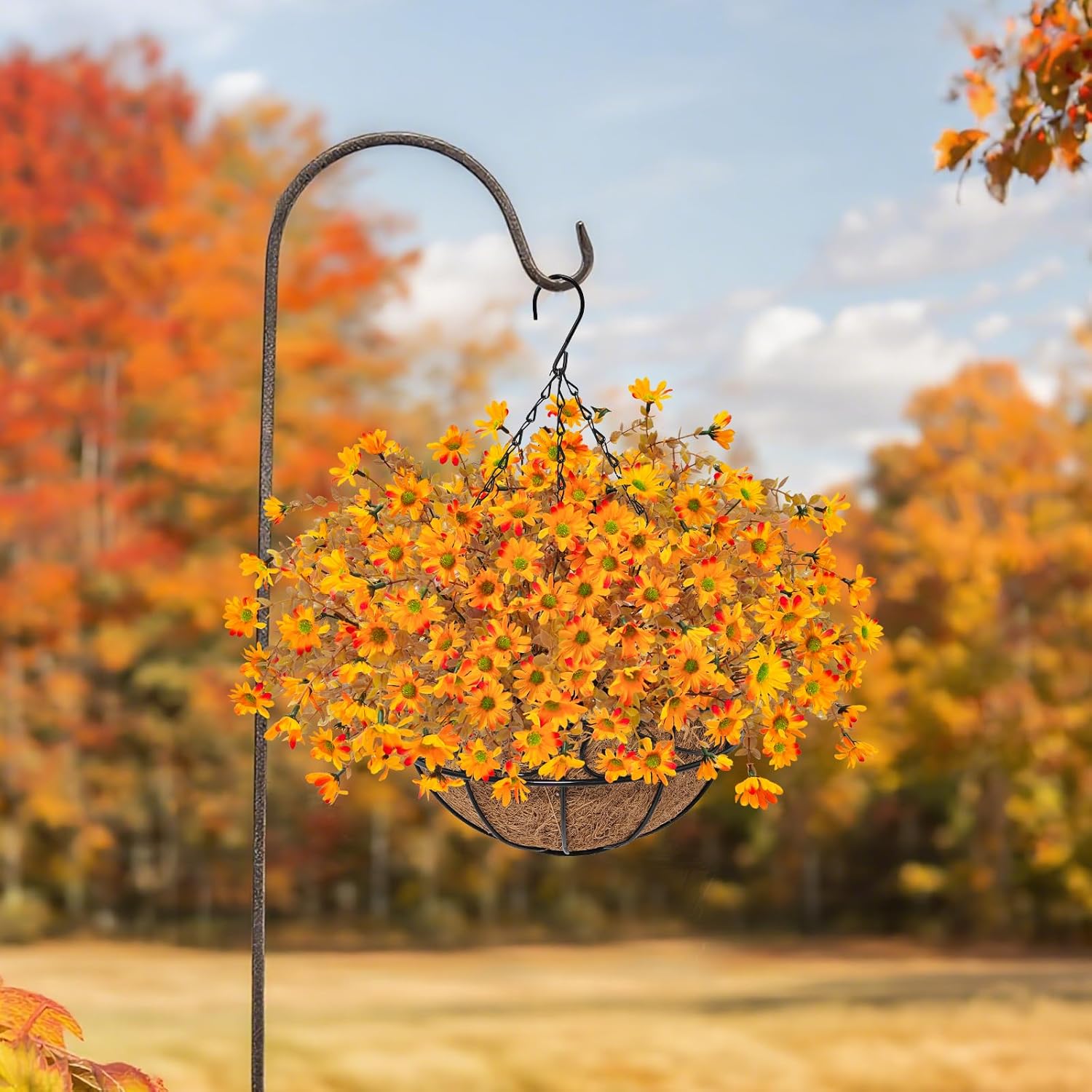 Artificial Hanging Flowers for Outdoors, 12pcs Fall Daisy Flowers with Hanging Basket UV Resistant Fall Outdoor Hanging Plants for Patio Garden Porch Home Yard Decor