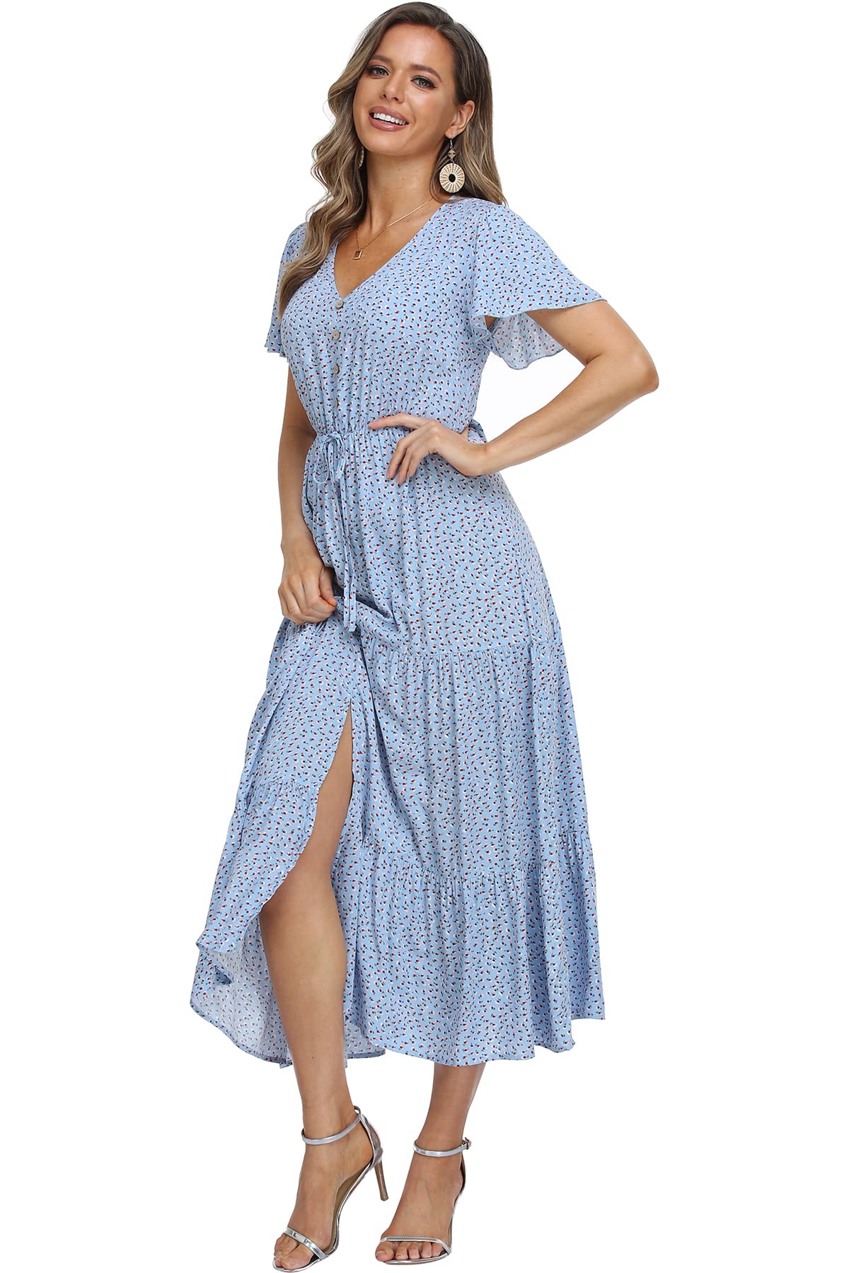 1stvitalWomen's Floral Maxi Dress Short Sleeve Midi Dress Summer Boho  Dresses V-Neck Ruffle Swing Flowy Beach Party Dress with Slit