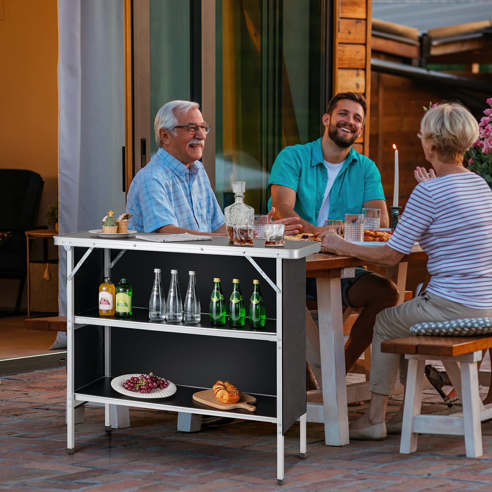KOMFOTTEU Mesa de Camping Plegable, Mesa de Picnic de Tela con Marco de Aluminio, Armario de Almacenamiento de 3 Niveles con Bolsa de Transporte, Mesa para Barbacoa, Fiesta (Negro, 110 x 38 x 88 cm)