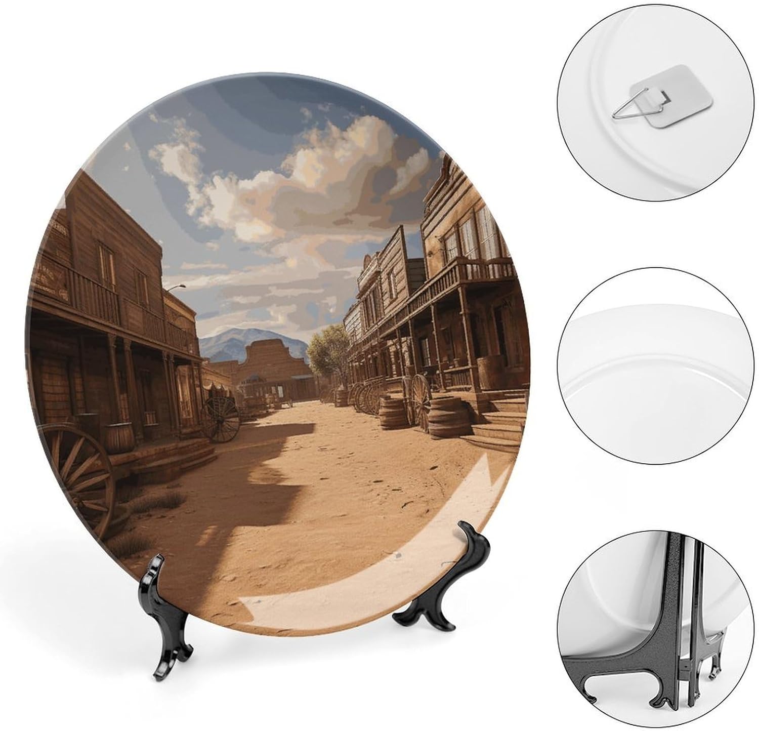 Old Wild West Cowboy Town Ceramic Plate 10inch Decorative Bone China Wall Hanging Ornament Plates Bohemian Style Dinner Plate with Display Stand Cabinet Display Plates for Home Art Decor